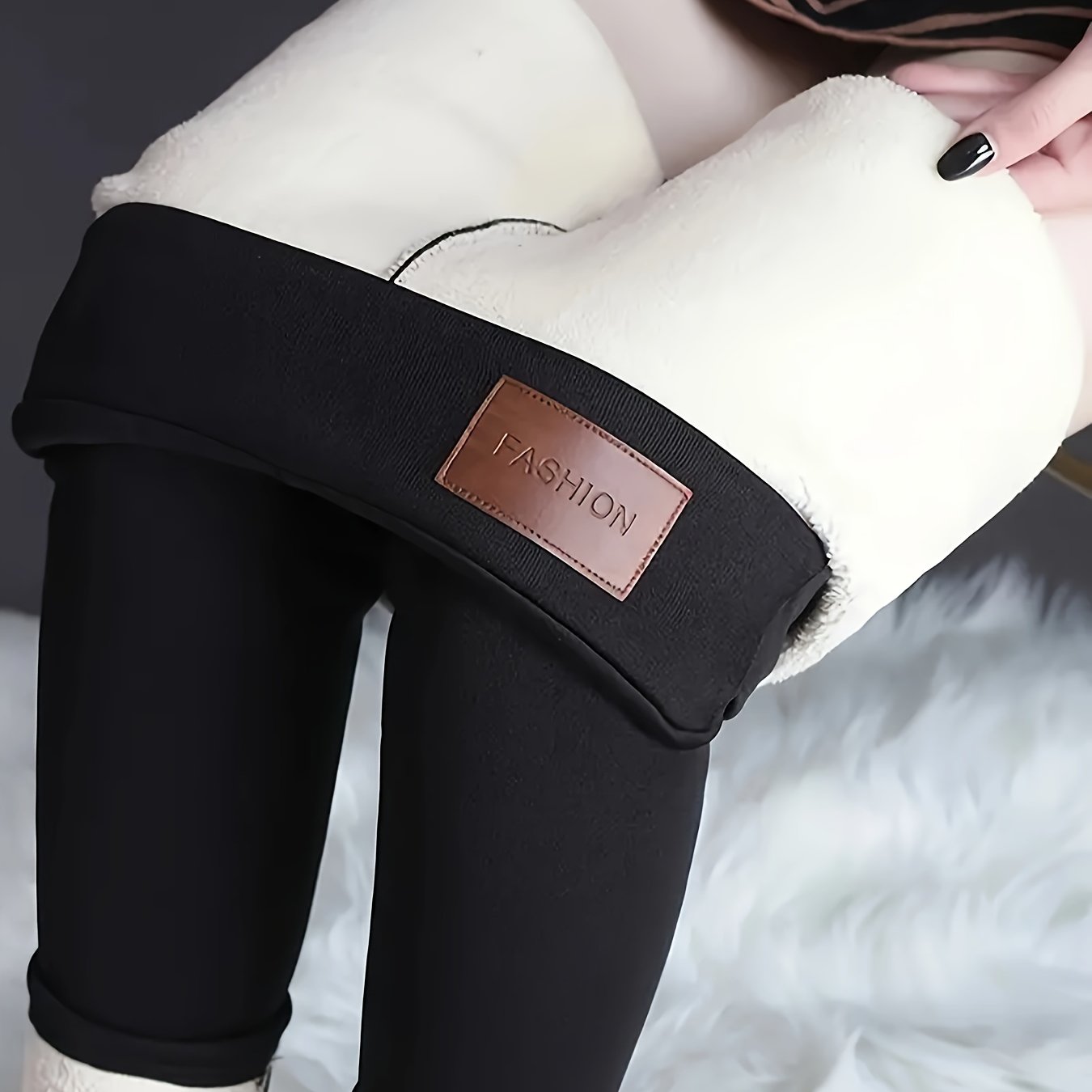 Image of Plus Size Leather Label Warm Leggings, Winter Women's Outer Wear Fleece Thick Warm Trousers, Women's High-waist Stretch Pants