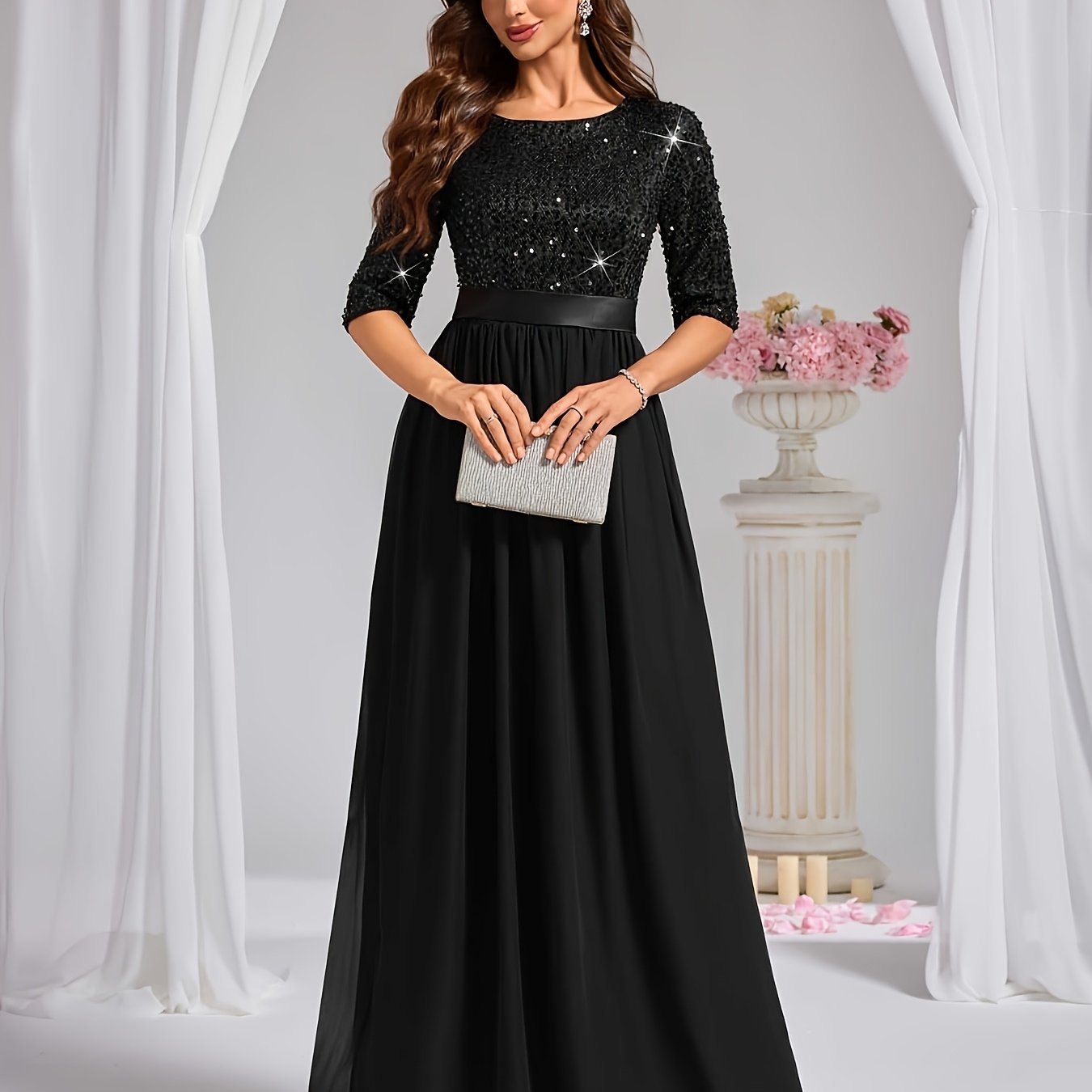 TEMU Black Banquet Evening Gown With Short Sleeves, Sequins, High Waist, And Full Skirt For A Party Dress
