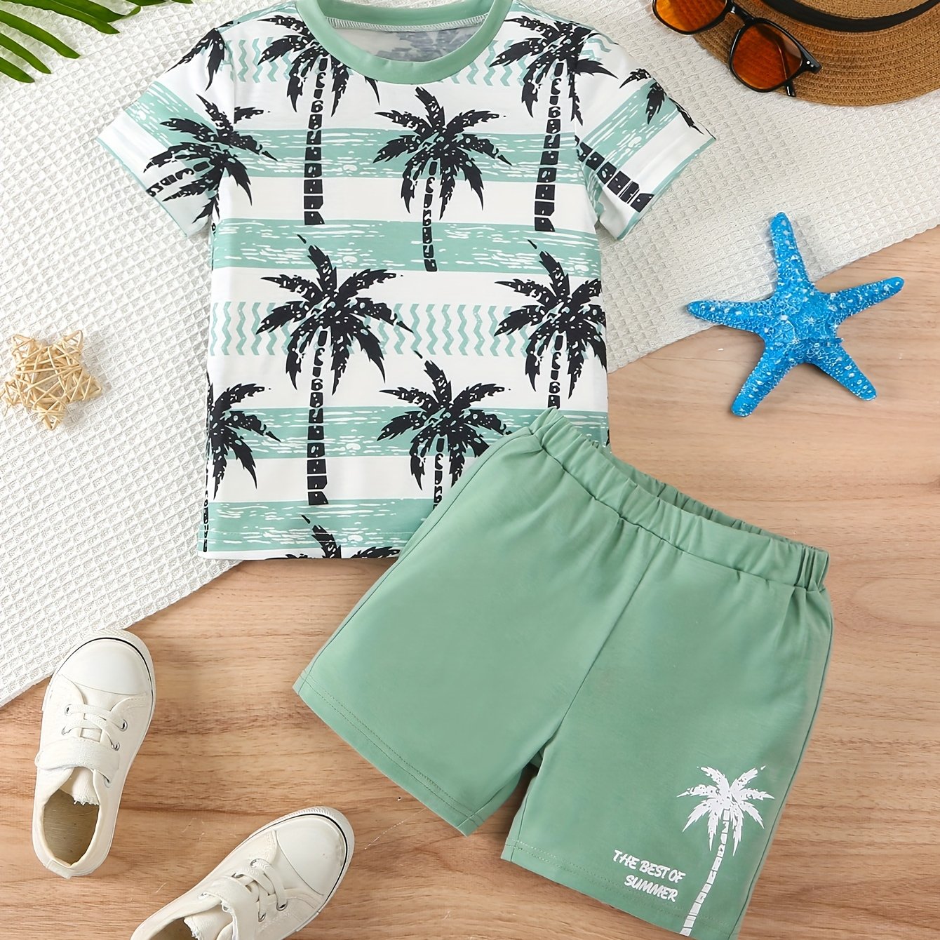 Image of 2pcs Boys' Outdoor Sports Short Sleeve Shorts Set + Spring/summer Striped Coconut Tree Pattern, Perfect For Outdoor