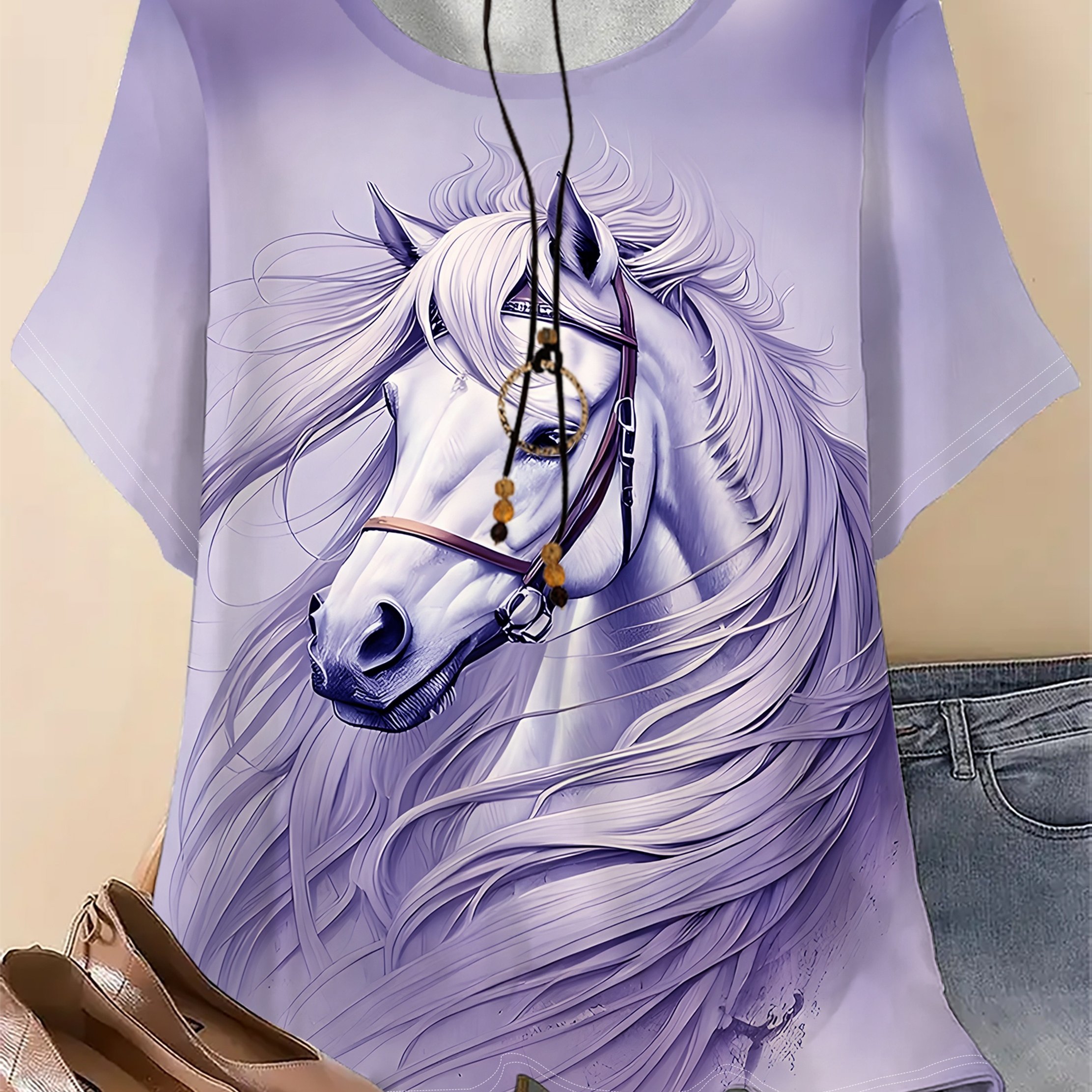 TEMU Plus Size, Women's Fun Horse Print T-shirt - Lightweight Everyday Tee, Purple Bride Design - Soft Breathable Fabric, Ideal For Casual Wear,