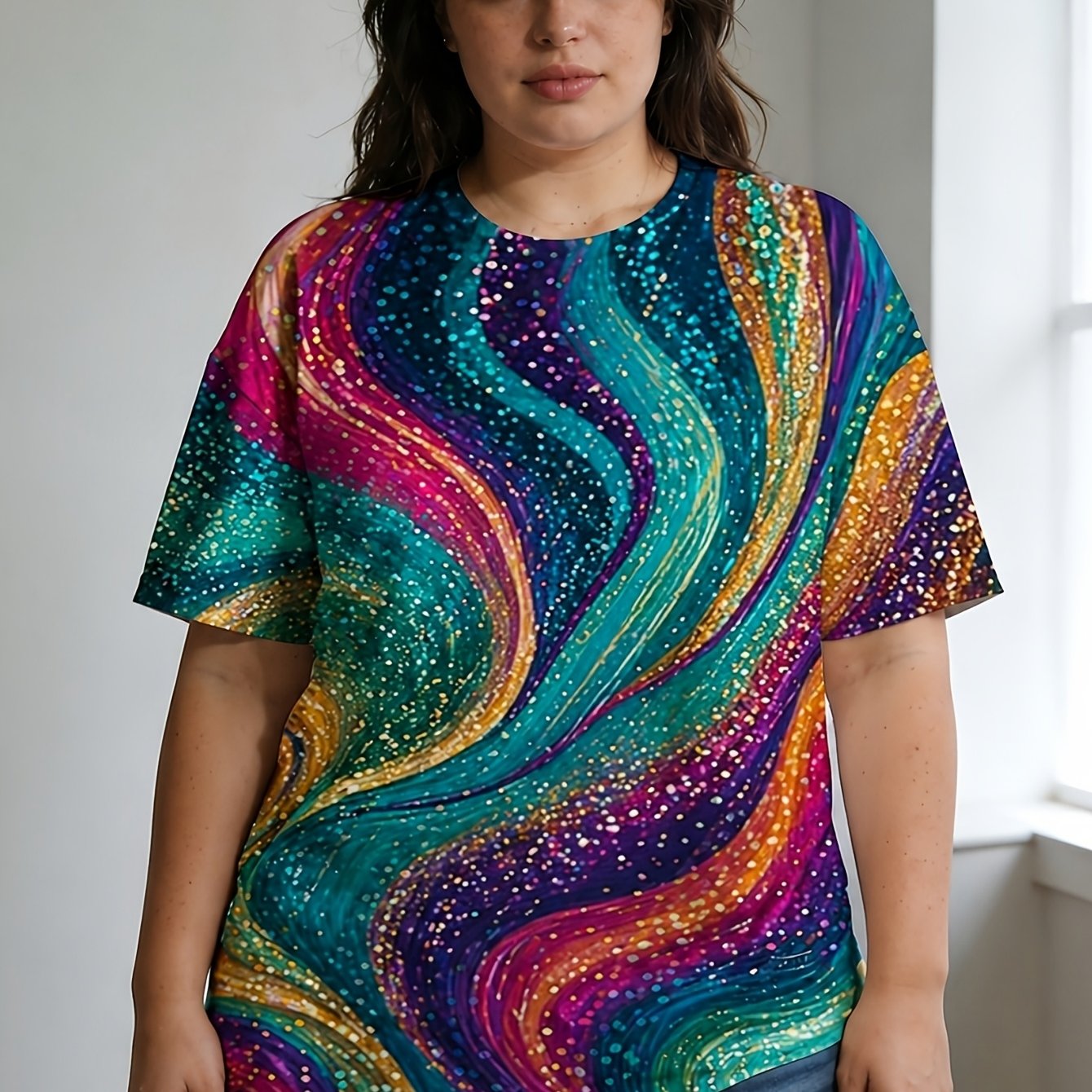 TEMU Plus Size, Women's Plus Size Sparkle T-shirt - Colorful Swirl & Short Sleeve Blouse-compatible Top | Soft Breathable Round Neck Casual Shirt