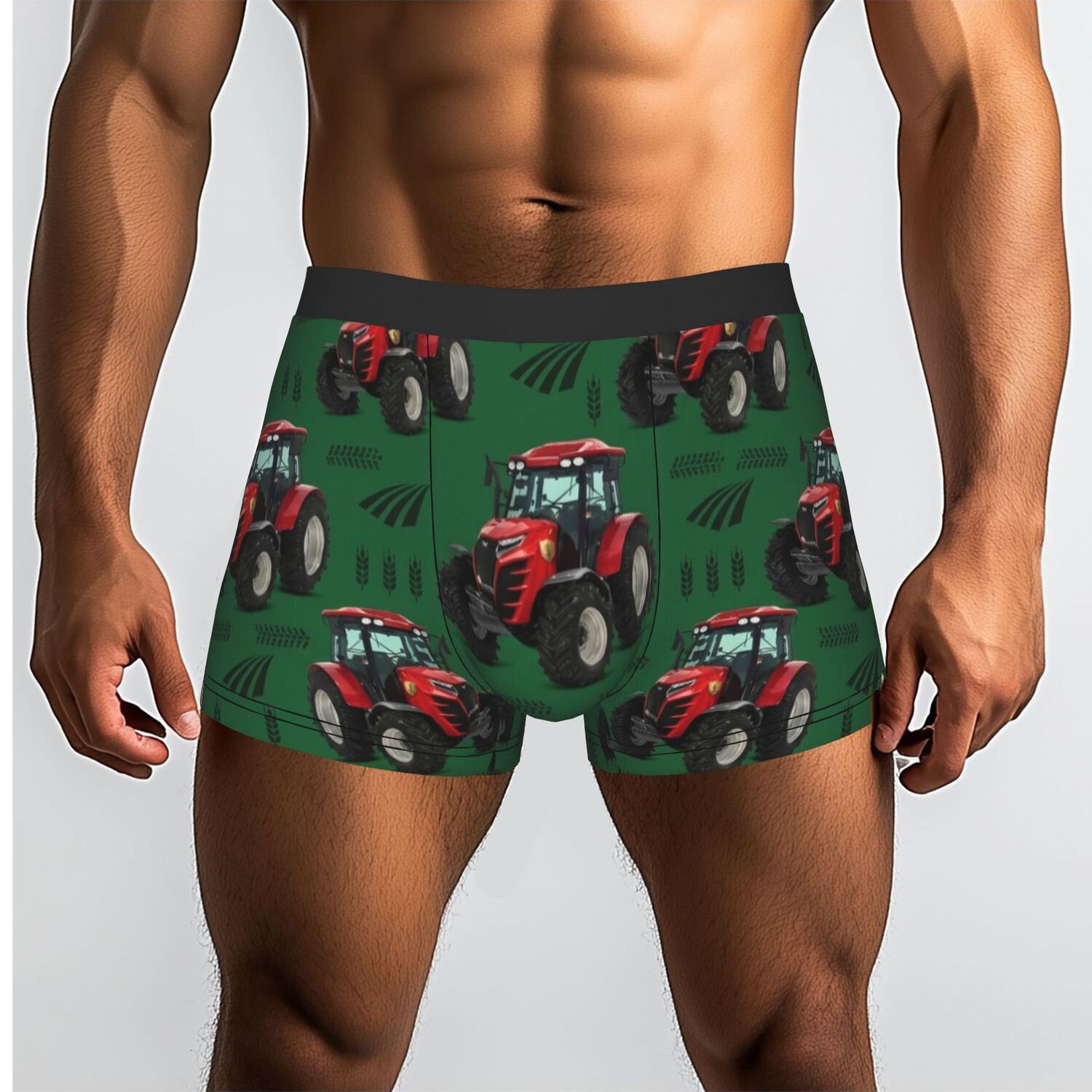 TEMU 1pc Red Tractor Farm Pattern Green Background Underpants Men's Panties Man Underwear Print Shorts Boxer Briefs