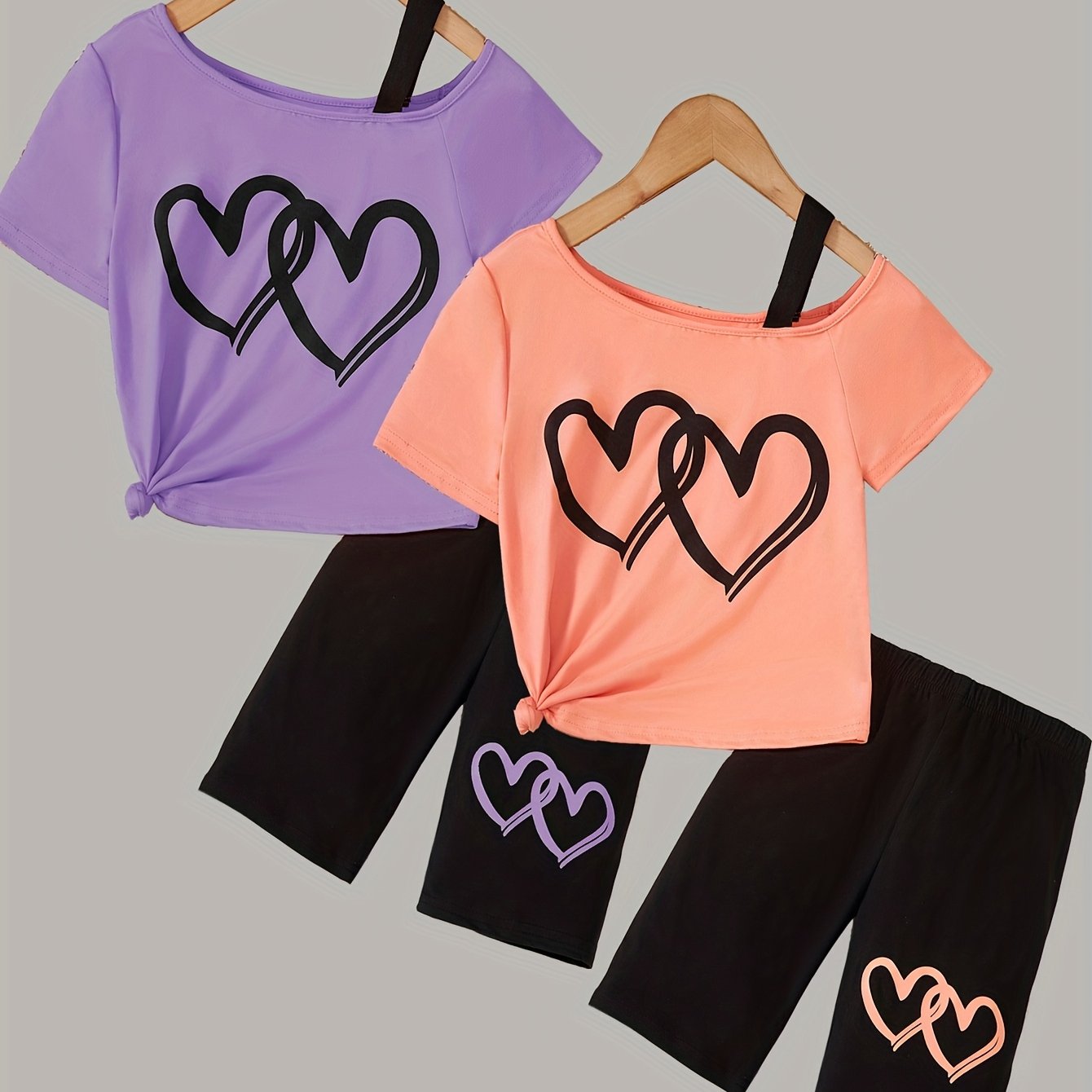 Image of Girls' Trendy T-shirt With Asymmetrical Design And Half Sleeves, With Cycling Shorts - A Set Of 4 Pieces, For Outdoor