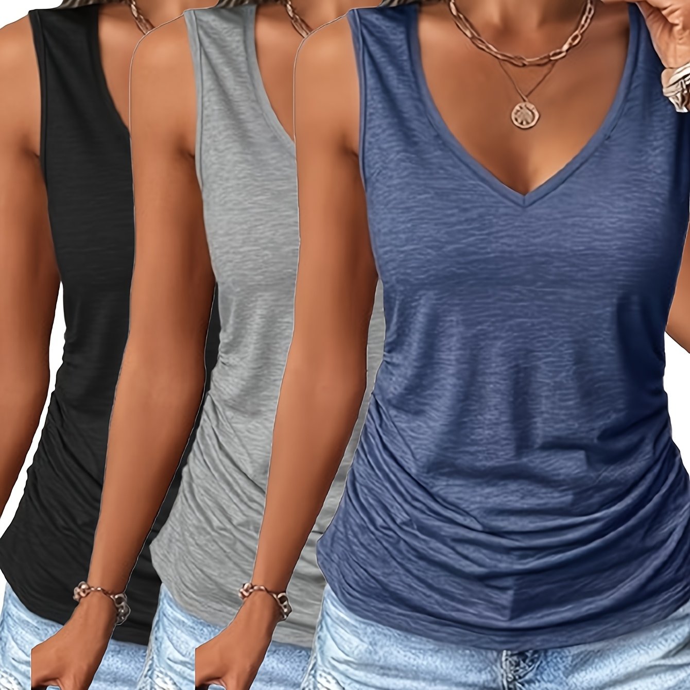 Three-piece Set 2025 Spring/summer European And Women's Clothing Pleated V-neck Slim Fit Casual Sleeveless Vest
