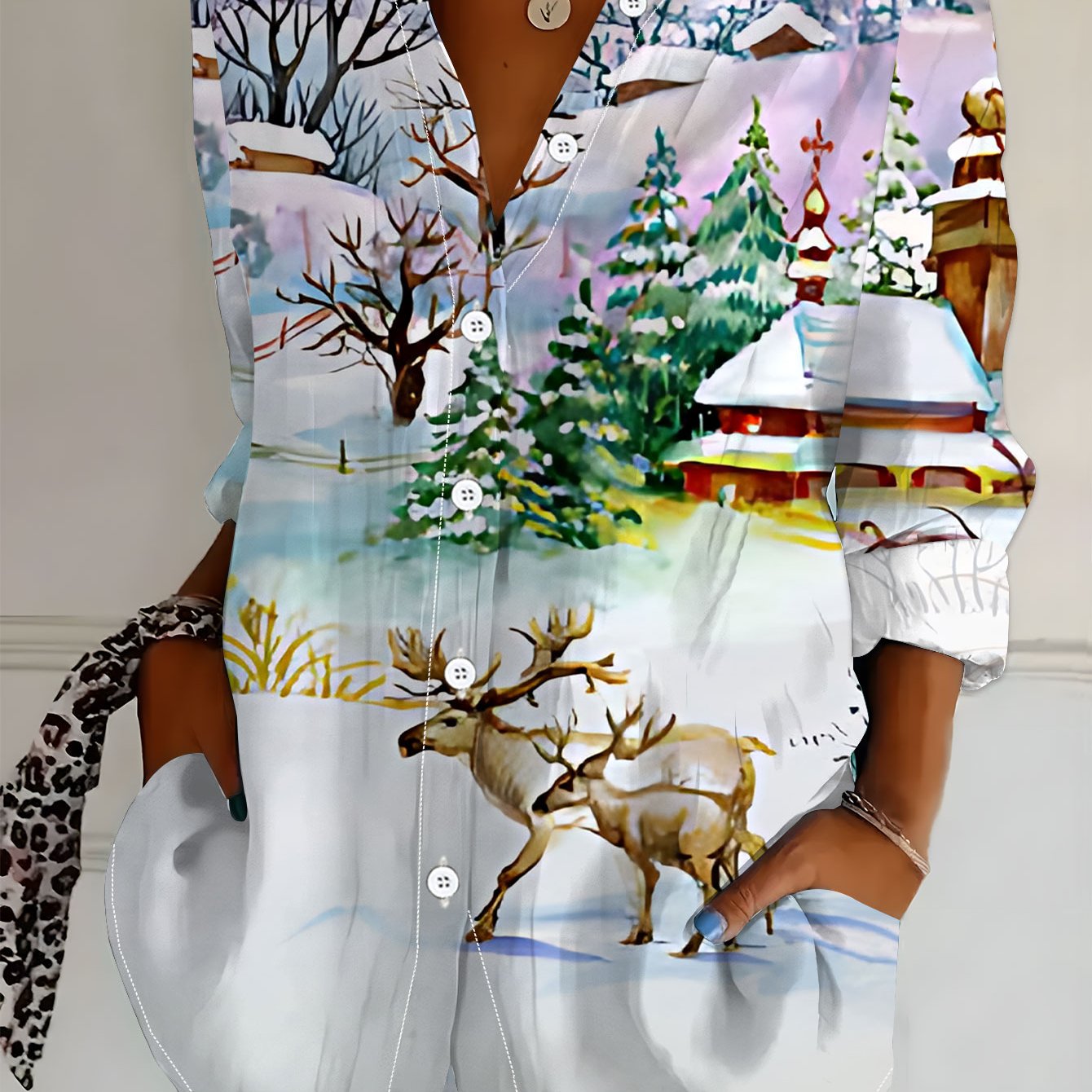 TEMU Plus Size - Plus Size - New Plus-size Women's Long-sleeve Shirt, Versatile , Mature And Elegant Design For Winter Featuring A Snowy Landscape