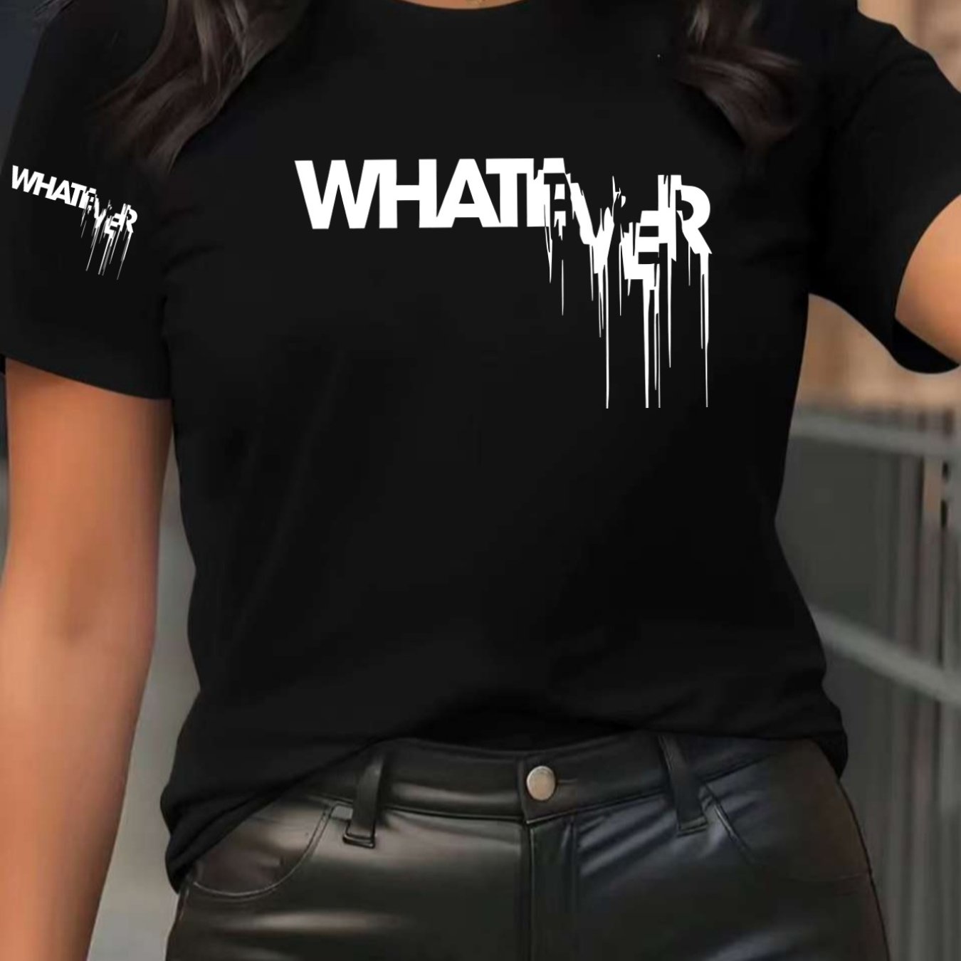 TEMU Neck Short Sleeve T-shirt Whatever Letter Print Design Full Of Style Pattern Print - Elegant Fashion - Y2k - Women's Casual Athletic Fashion
