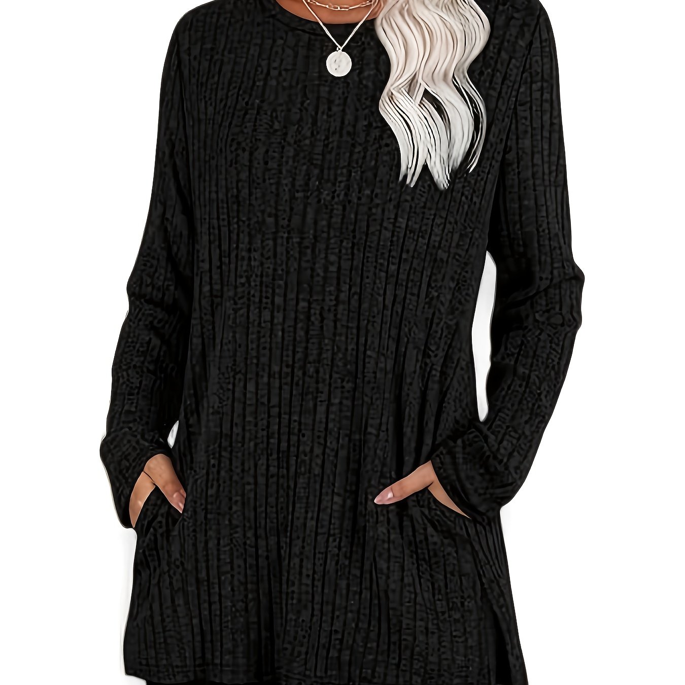 TEMU Women's Sweater Round Neck Long Sleeve Shirt With Pockets, Casual Top. Fashionable Autumn Winter Elegant Clothing Side Slit. Or Formal Wear