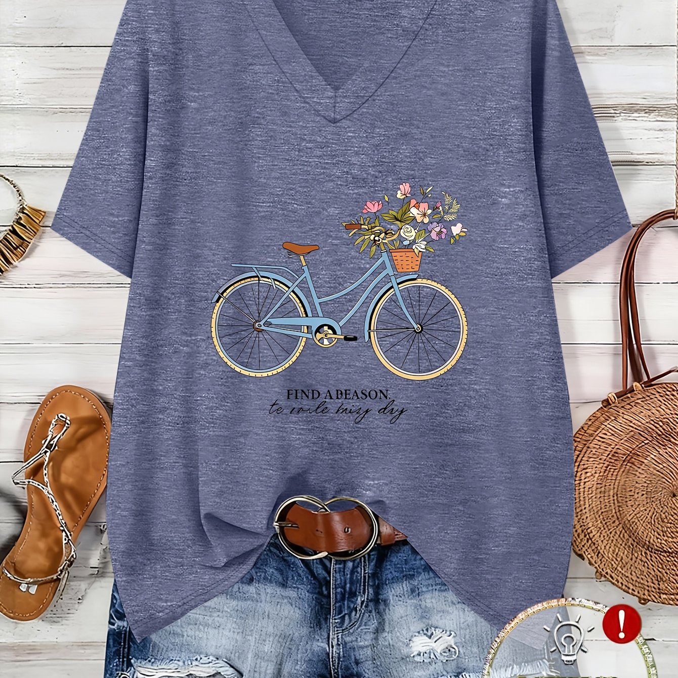 TEMU T-shirt grande taille pour femme, mode printemps/été, à imprimé vélo et floral, , à épaules tombantes et manches courtes mi-longues, haut de