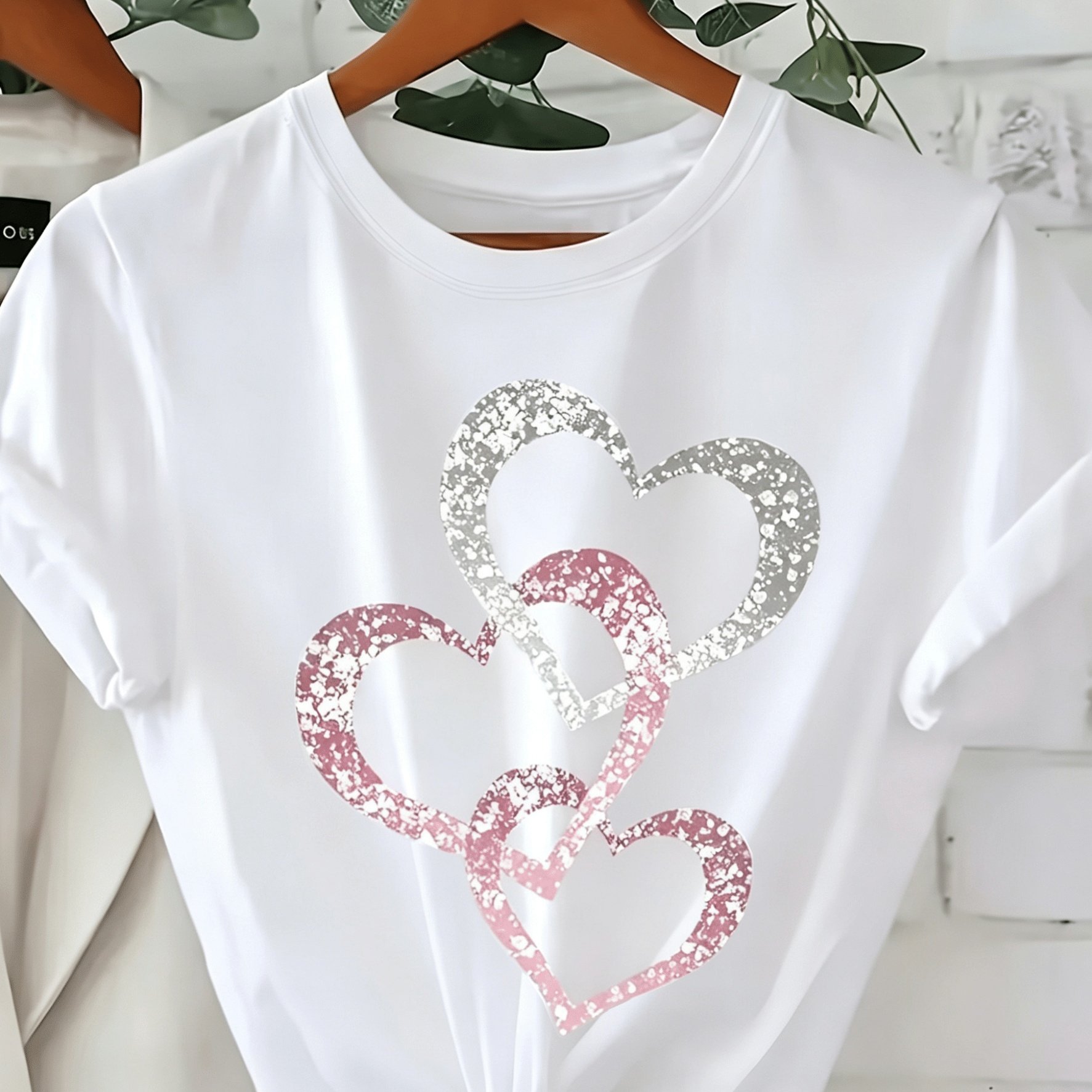 E-shop T-Shirt im koreanischen Stil mit -Herz-Aufdruck – Sommer-Kurzarm-Bluse mit Rundhalsausschnitt, geeignet für Freizeitkleidung, -Line Regular Fit,