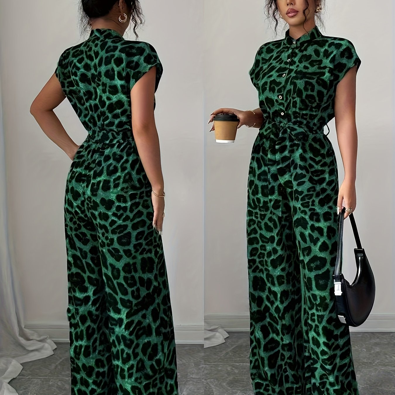 E-shop Eleganter Damen Jumpsuit mit Leopardenmuster, Stehkragen, offener Vorderteil, kurzen Ärmeln und lockerem Schnitt