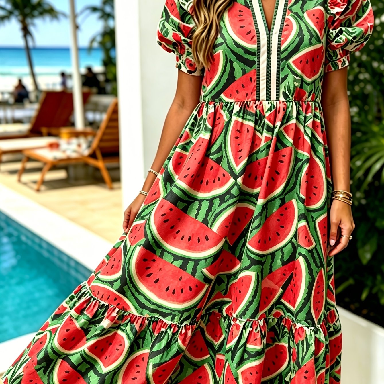 Ladies' Puffed Sleeve Dress Ladies' V-neck Dress Perfect For Parties, , Beach Vacations, Or Date Nights Watermelon Print Pattern Dress Design Watermelon Print Dress
