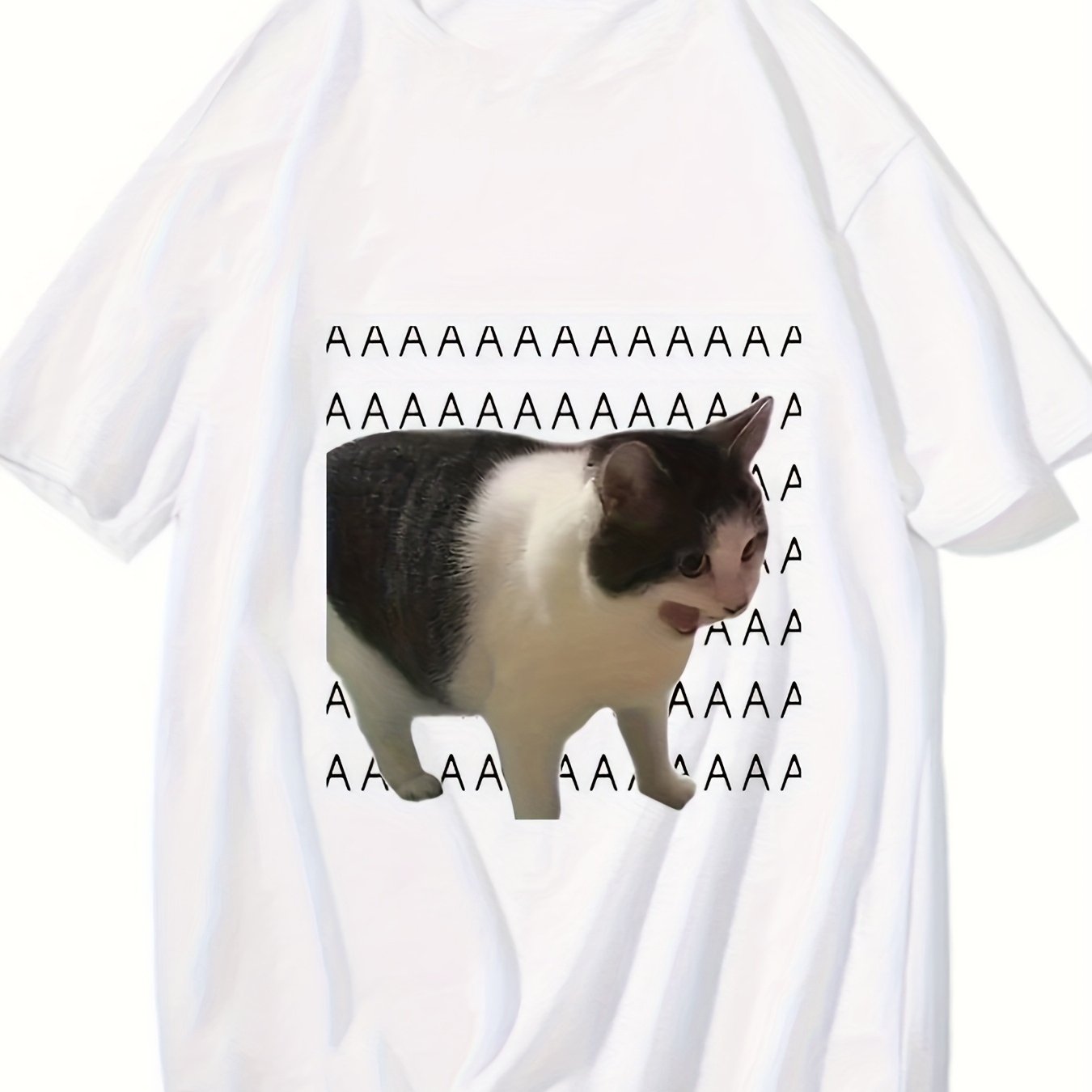 TEMU Print T-shirt - Screaming Cat Meme And Repeated "a" Letter Creative Design - Breathable Fabric Round Neck Short Sleeve - Summer Lightweight Top,