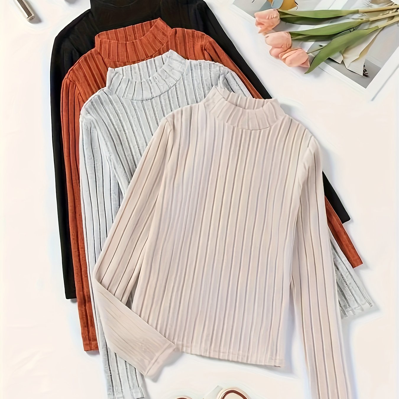 4pcs Solid Rib- T-shirt Set