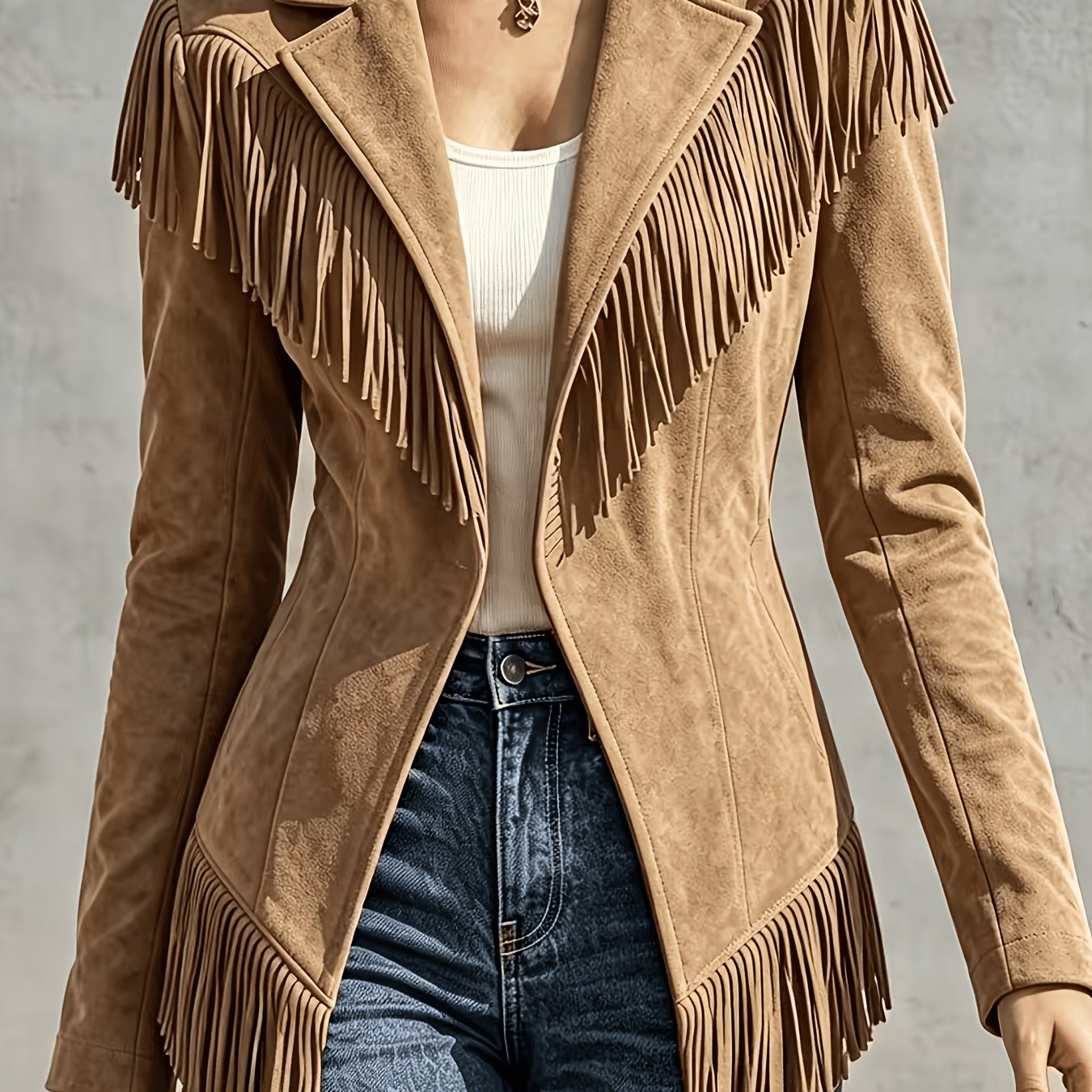 TEMU New Women's Casual Fringe Lapel Slim-fit Long-sleeve Jacket, Autumn/winter Vintage Versatile Style