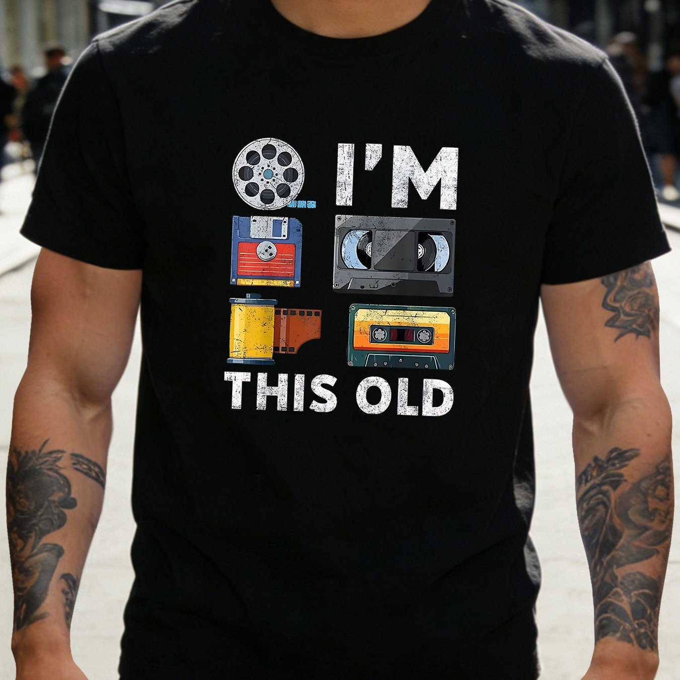 TEMU Men's Retro "i'm This Old" Cassette Tape T-shirt - Lightweight Short Sleeve Crew Neck Tee Suitable For Outdoor, Gym & Parties, Machine Washable