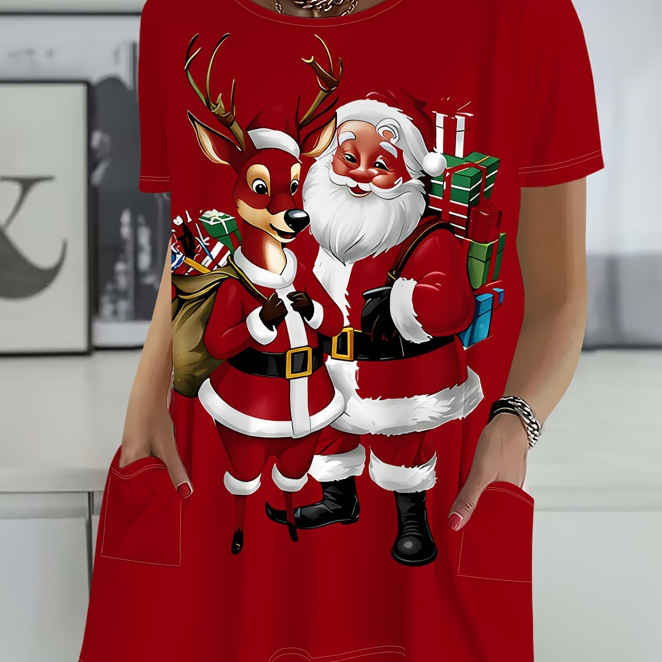 TEMU Red Round-neck Long-length Top With Pockets, Gift Box, Vintage Christmas Vibe Loose-fitting Plus-size Women's Long T-shirt