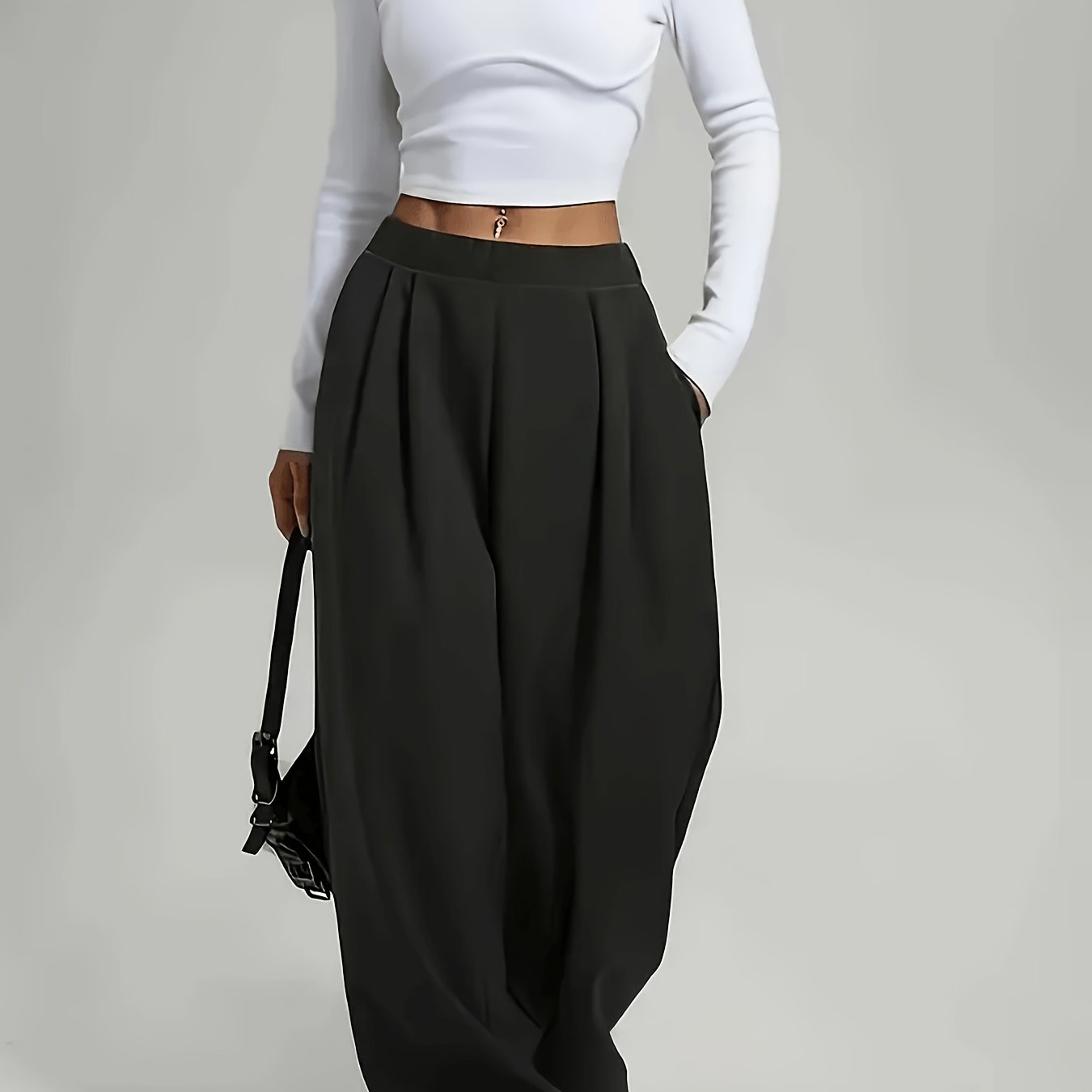 TEMU Wide- Trousers - Wide-legged Pants Suitable For Spring Summer Fall, Solid Color Non-stretch Machine Washable Wide Pants, Casual Elegant Wide