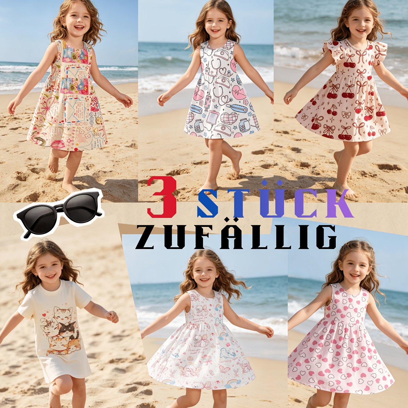 Image of Girls' Spring And Summer Dress 3pcs Random, Collection Of Multiple Cartoon Full Print Patterns, Light And Breathable Suitable For Beach