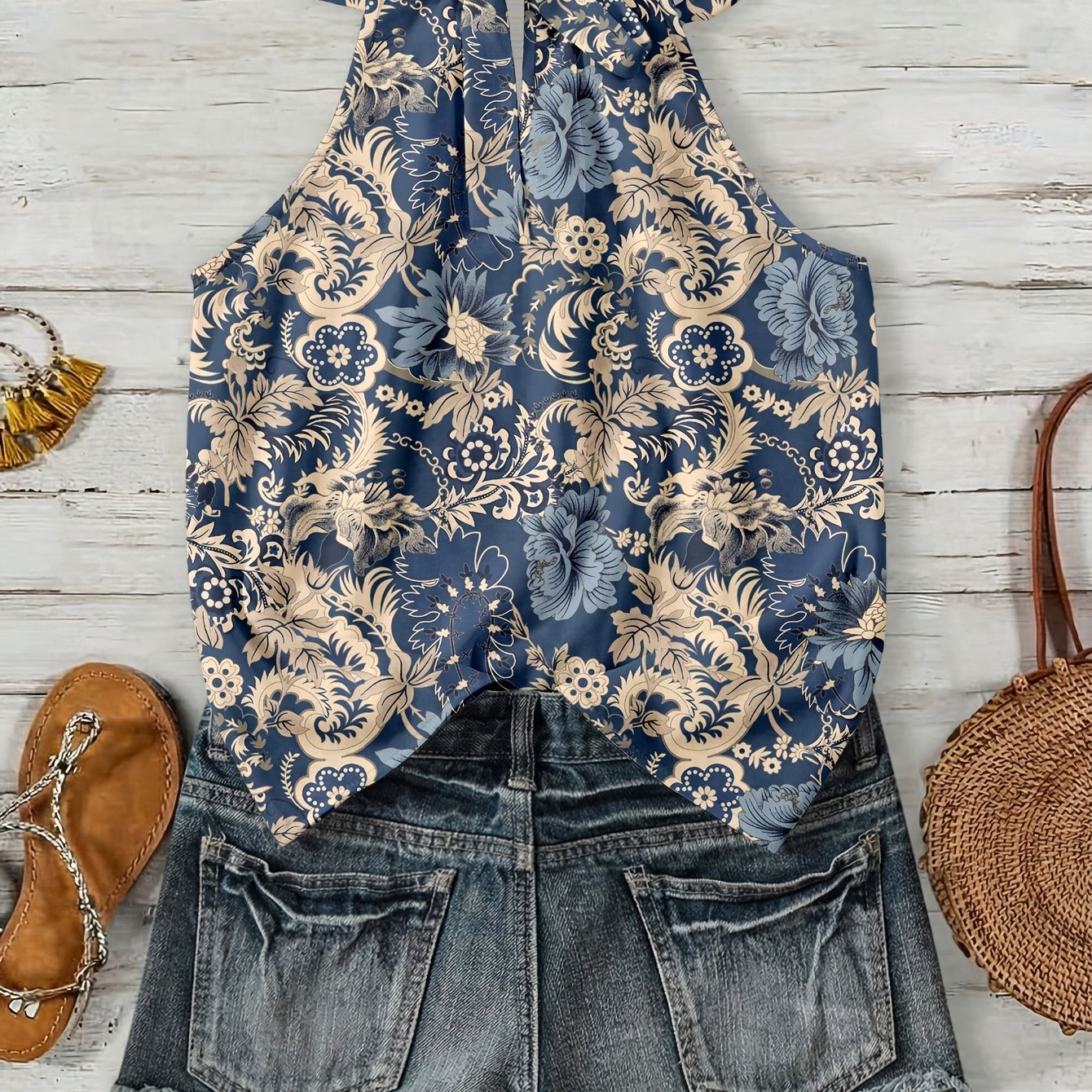 TEMU Bohemian Vintage Blue Floral Halter Neck Vest With Tie-back, Hollow-out, Sleeveless, Flowy Women's Casual Camisole