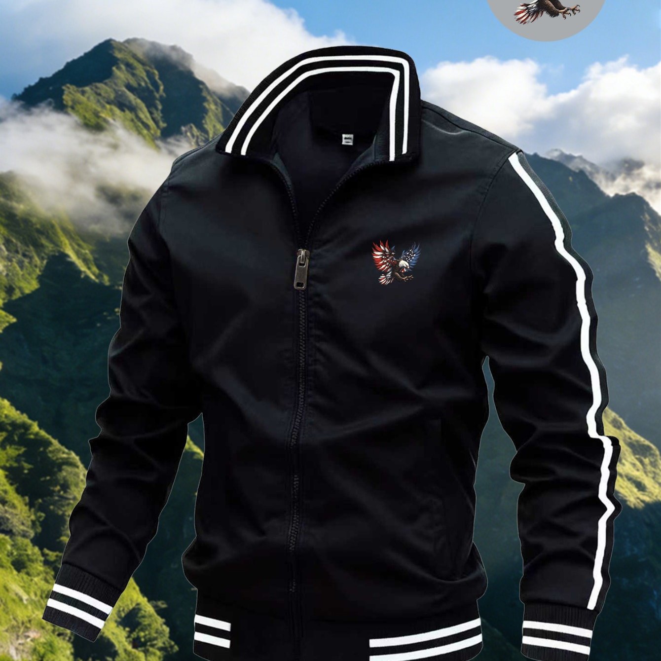 TEMU 2026 's Fashionable Striped Baseball Jacket, Featuring Trendy Eagle Elements, An Academic-style Youth Comfortable High-quality Sports And Casual