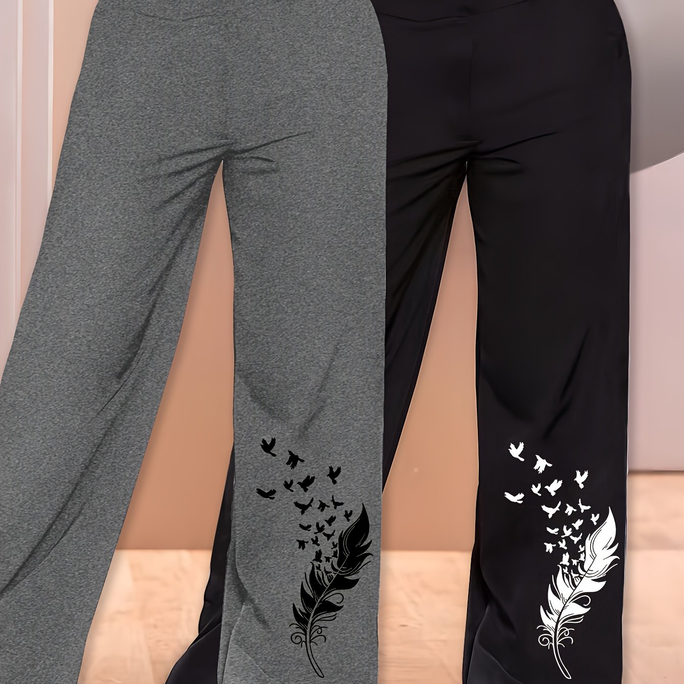 Image of 2pcs Simple Pattern Print Women's Lightweight Comfortable Wide-leg Pants, Nk7410