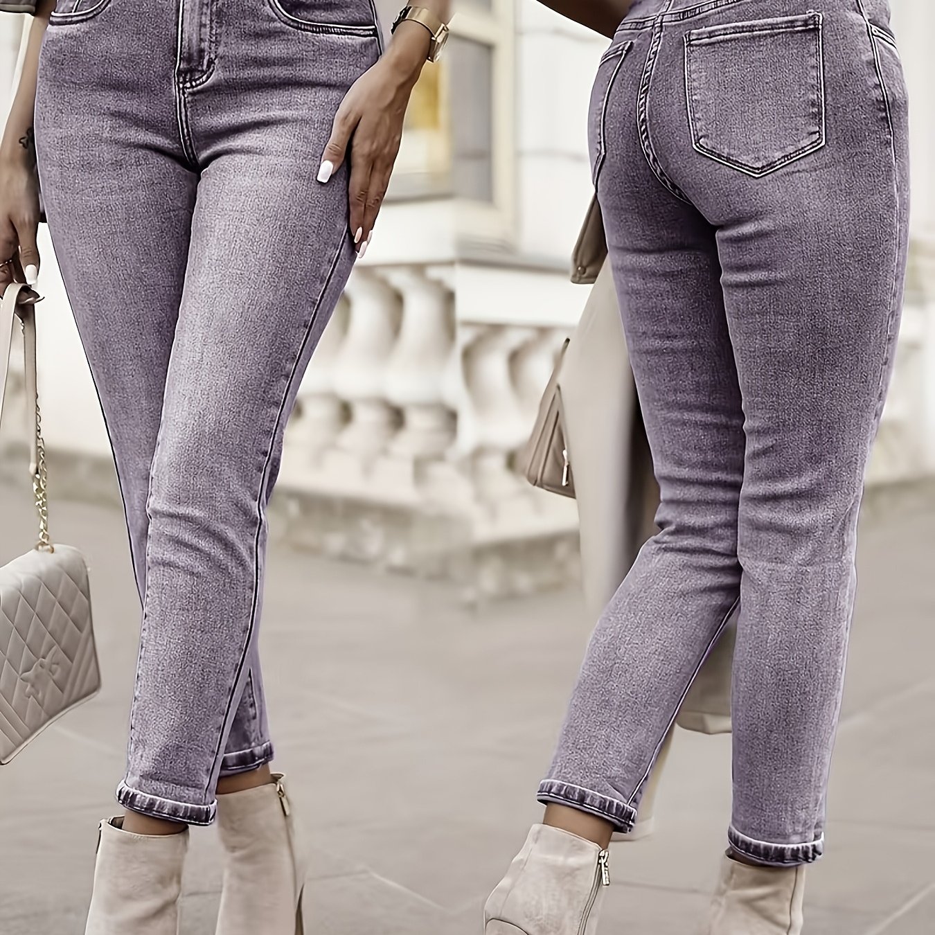 Image of 25aw Color Denim, Plus-size Women's Fashion Casual Stretchy Skinny Jeans, Washed Denim, Suitable For , Does Not A Belt