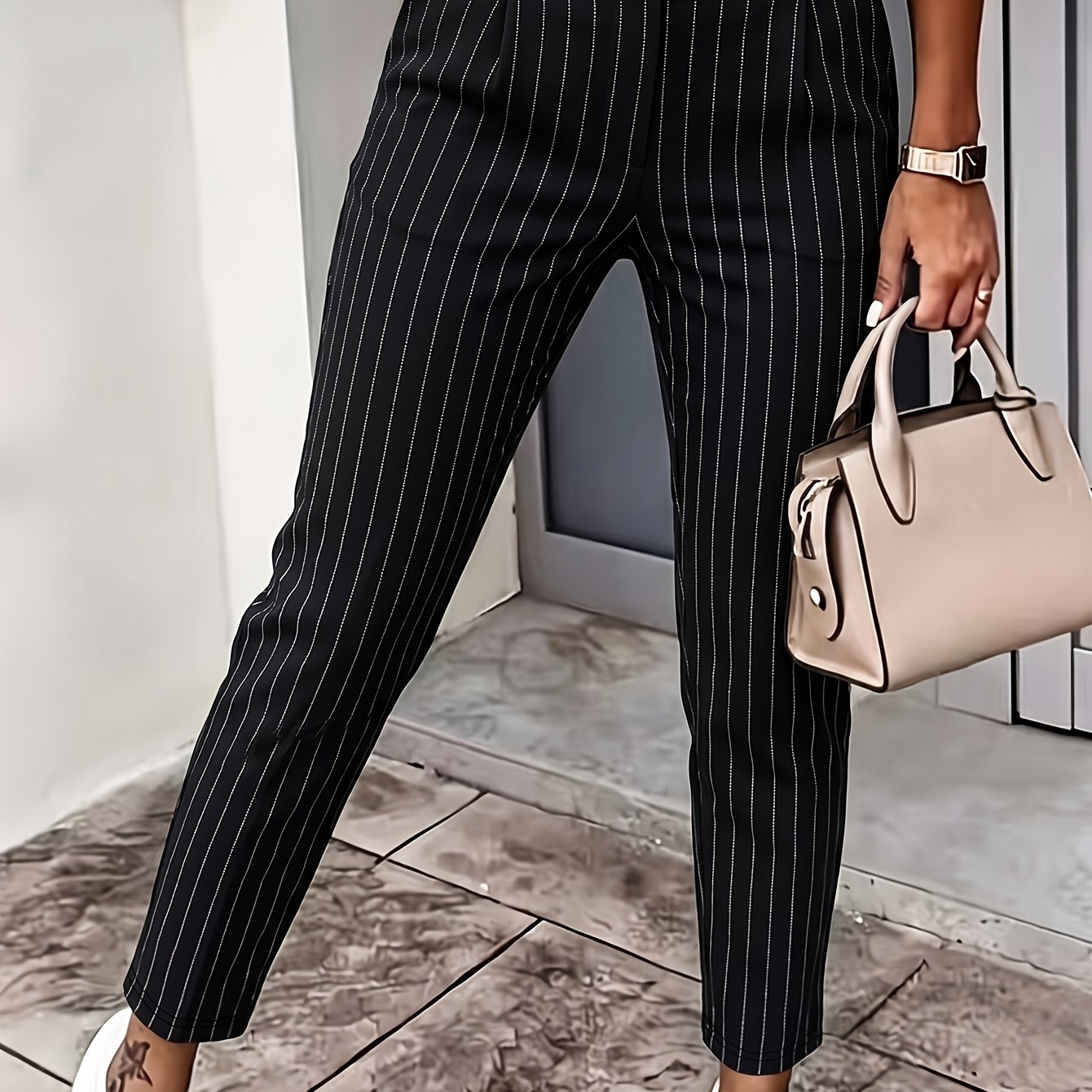 TEMU Striped Print Women's High-waist Casual Metallic Chain Decor Tall And Slim Trousers [additions Not Included]