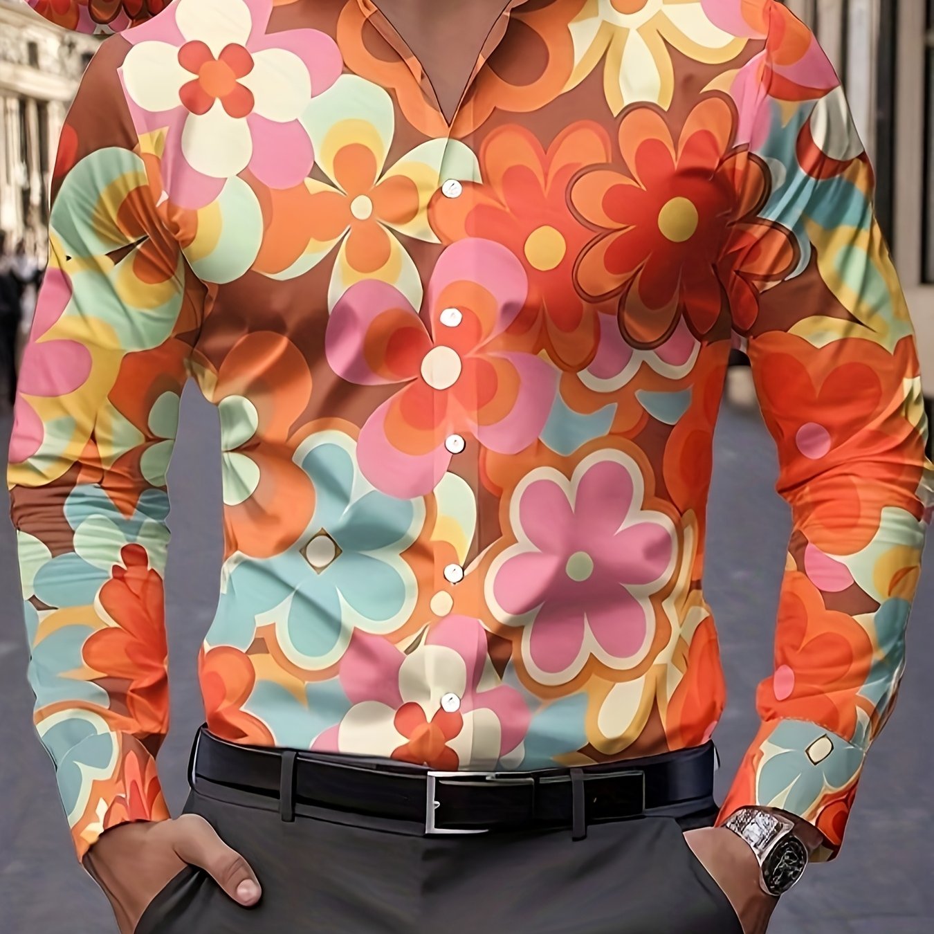 TEMU 1pc, Men's Fashion Printed Shirt 3d Floral Print Fashion Printed Men's Casual Button Long Sleeve Shirt, Spring/summer Autumn Men's Wear, Men's