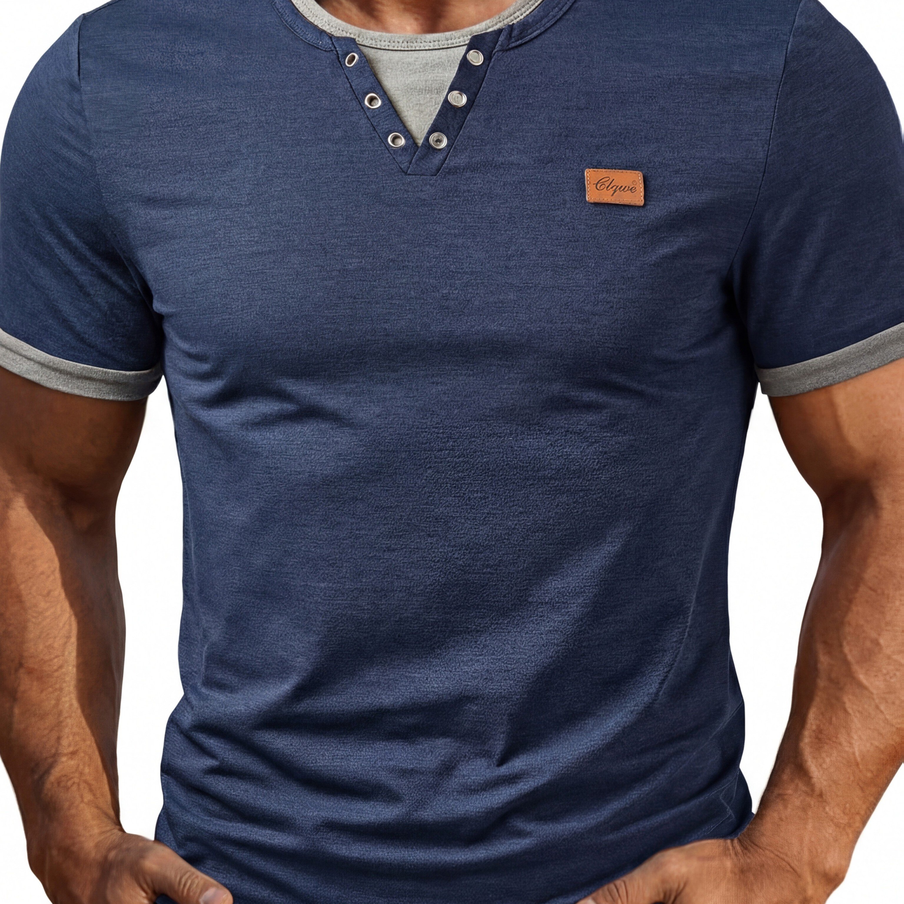 E-shop Herrenmode Herrenbekleidung Oberteile Frühling und Sommer Outdoor Casual Color Block Patchwork Badge Dekoration Kurzarm Herren Henley Shirt