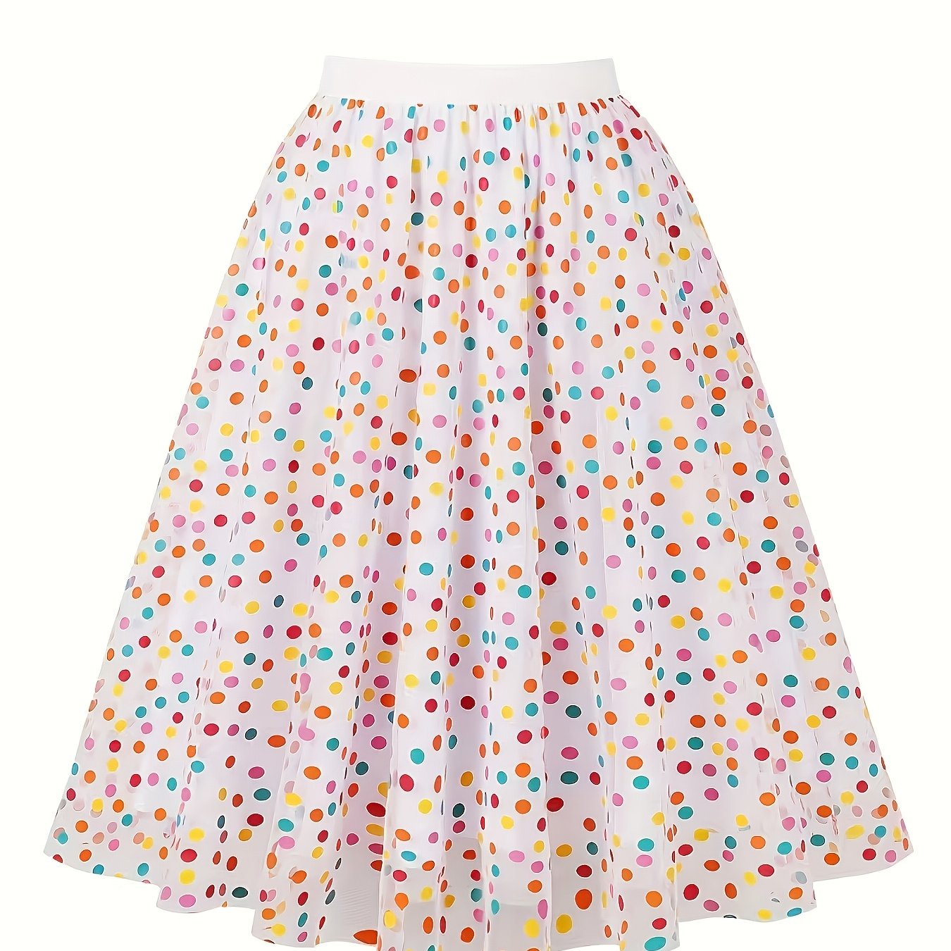 E-shop Damen High-Waist Slim-Fit Midi-Kleid, Bunter Punkte-Print – Lebendiges -Mesh-Design, A-Linien-Silhouette, Vielseitig für alle Jahreszeiten von
