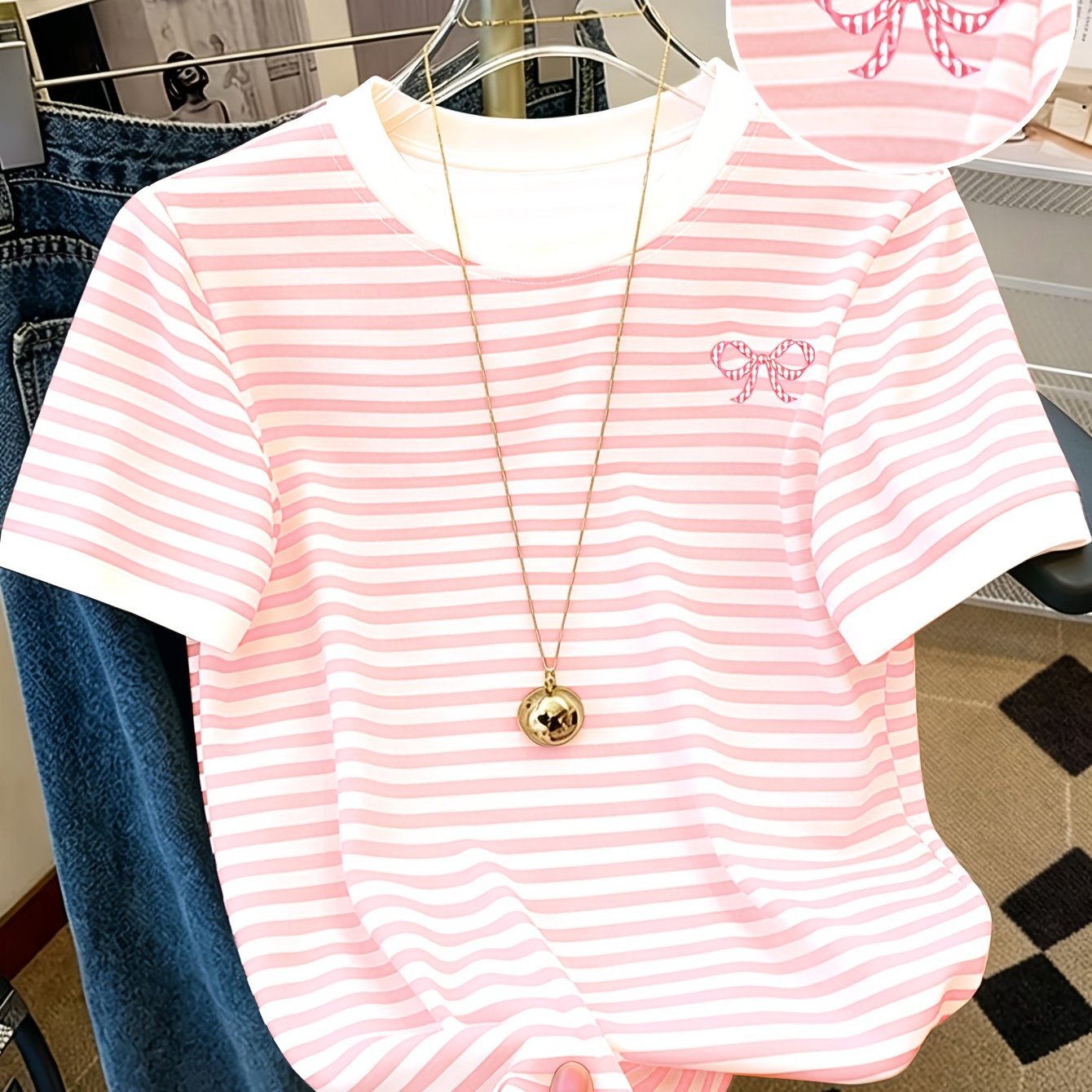 TEMU Plus Size, 2026 Women's Fashion Spring/summer Round Neck Striped Contrast Color Small Checkered Bow Embroidery Simple Sweet Comfortable Casual