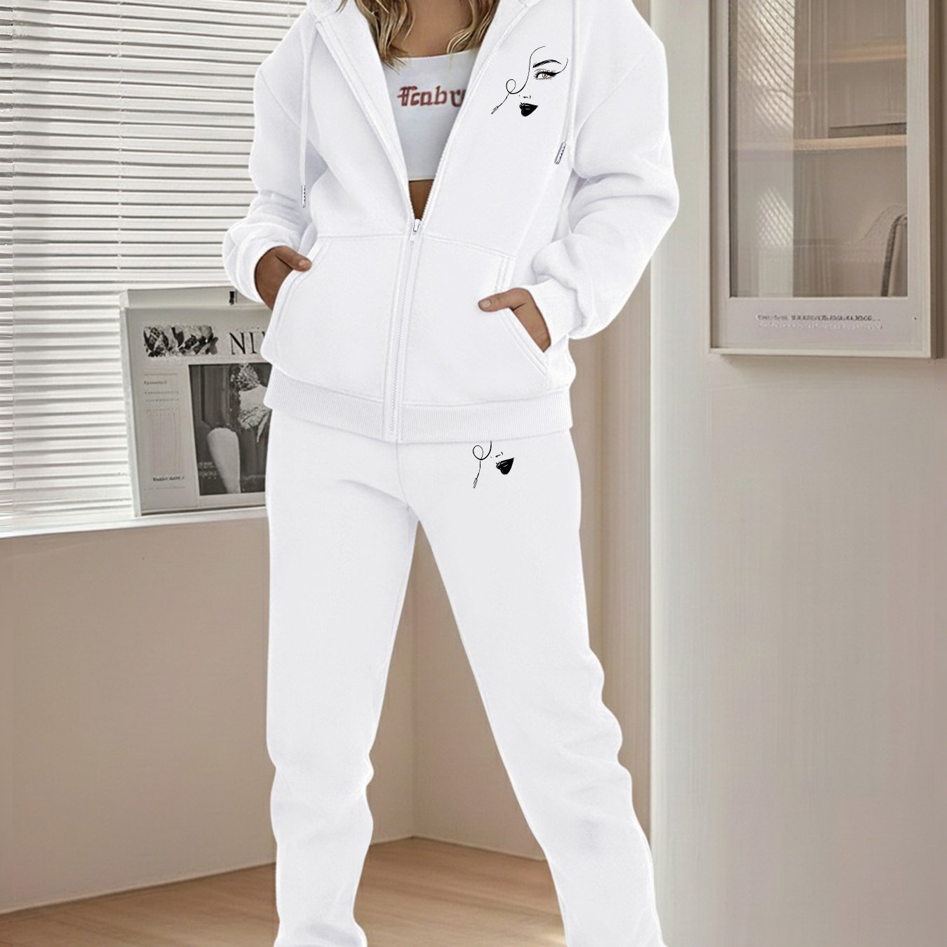 TEMU Women's Stylish Zip-up Hoodie And Pants Set, Featuring A Printed Design, Perfect For Autumn And Winter With A Fleece-lined Hoodie