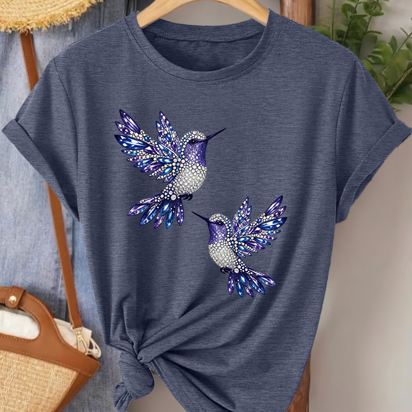 TEMU Plus Size Women's Summer Clothing, Purple Blue Faux Rhinestone Double Round Neck Short Sleeve T-shirt, Delicate Gentle Floral , Versatile Casual