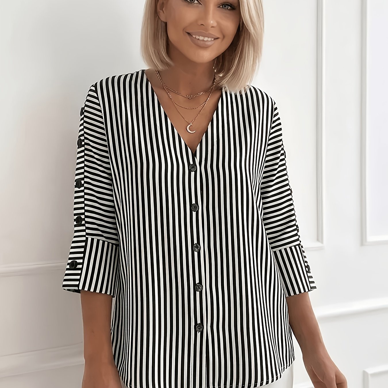TEMU 2026 Women's Striped V-neck 3/4 Sleeve Button-front Cardigan, Suitable For , Looks Great As Outerwear Or Innerwear
