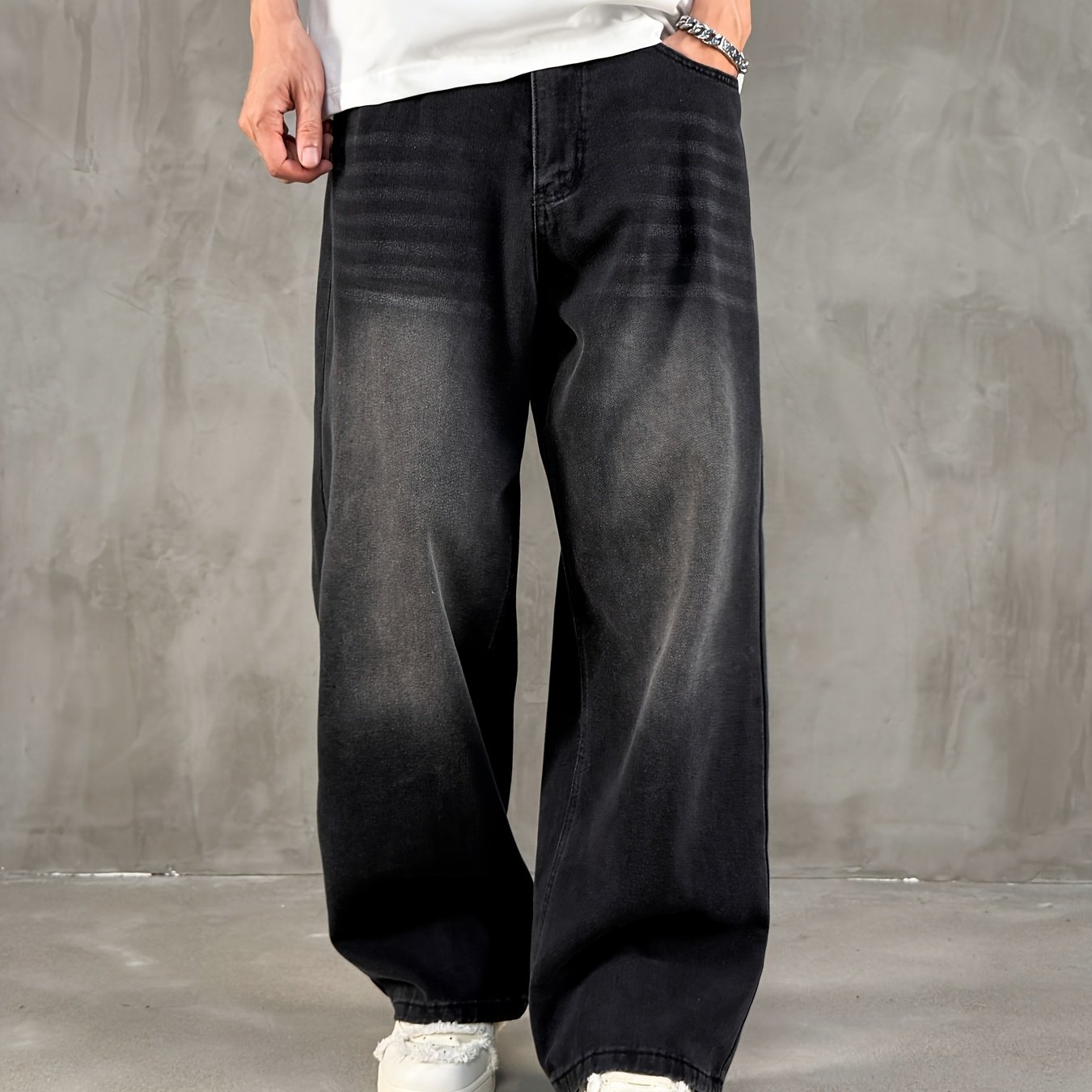 Image of Men's Vintage Black Loose Fit Jeans, Non-elastic Denim Baggy Pants, Casual Wide Leg Streetwear Trousers, Autumn Menswear