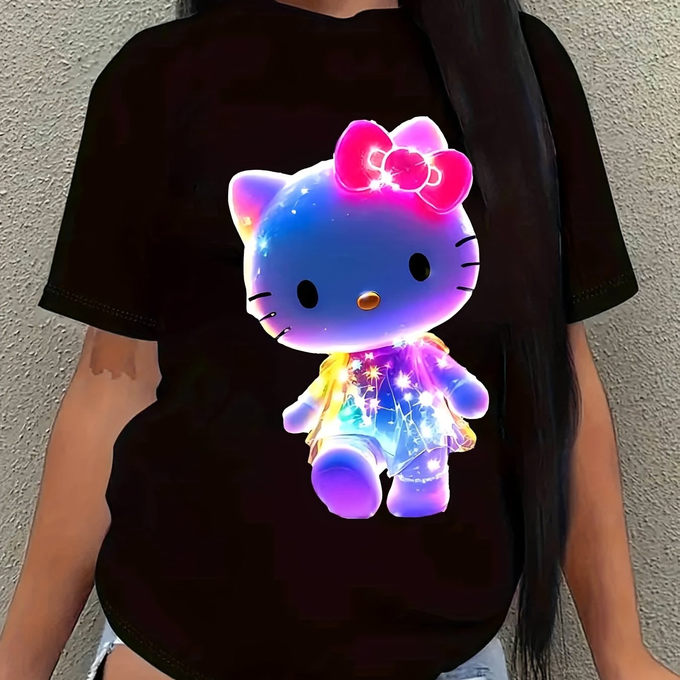 TEMU Hello Kitty Neon Glow T-shirt For Women & - Black With Pink Bow & Hello Kitty Face, -the- Green & Light, Summer Casual Tee For Anime Fans, Night