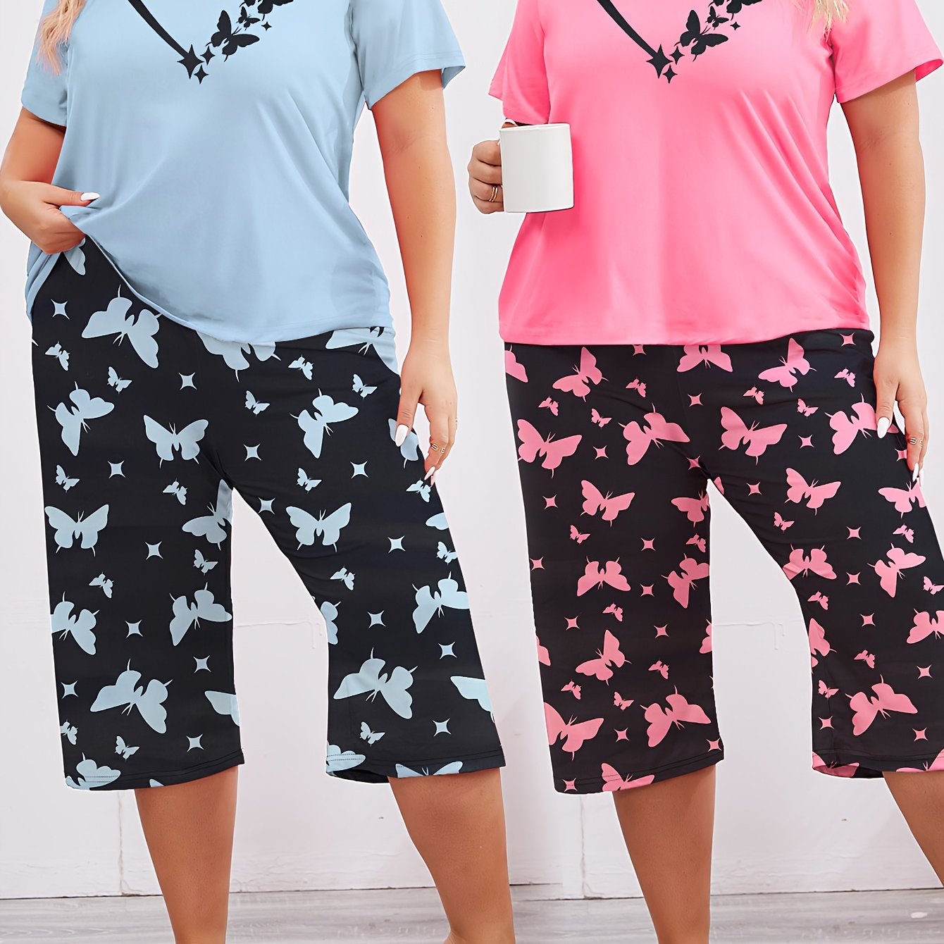 2pcs Summer Plus Size Women's Casual Pajama Set - Round Neck Short Sleeve And Capri Pants, Heart Print, Machine Washable Colors, Relaxed Fit Knitwear For Home Or Outing, 2pcs