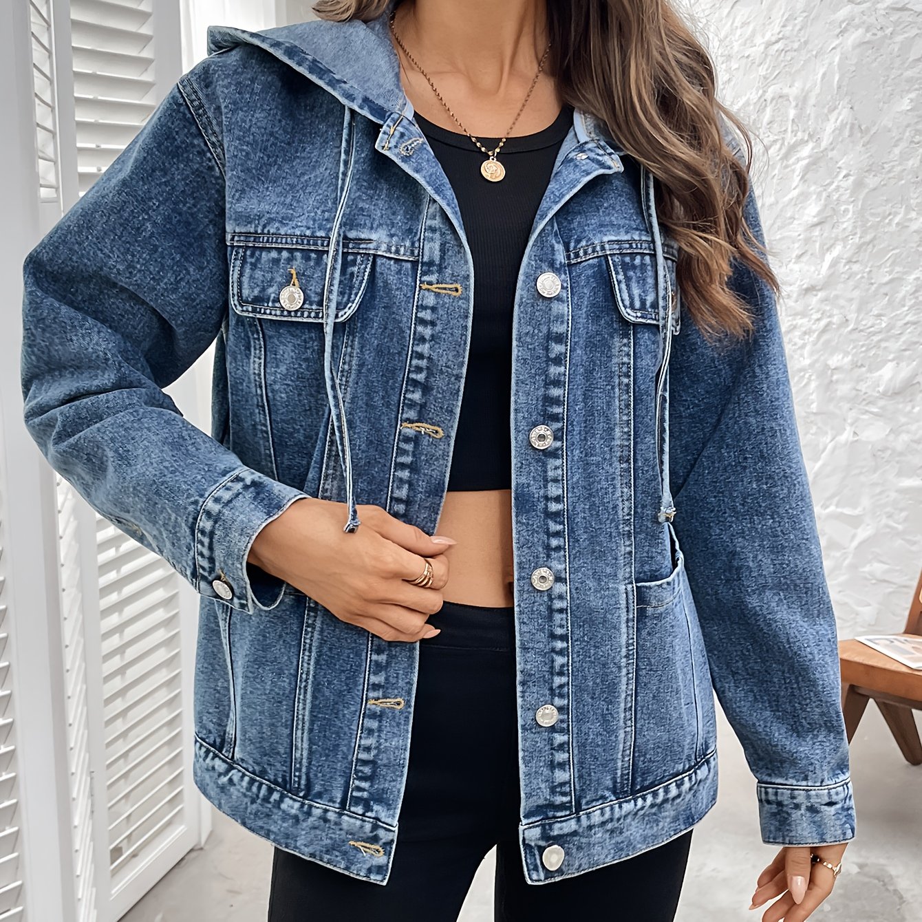 Women's Hooded Drawstring Sweatshirt, Loose-fitting Denim Jacket For Spring And Autumn