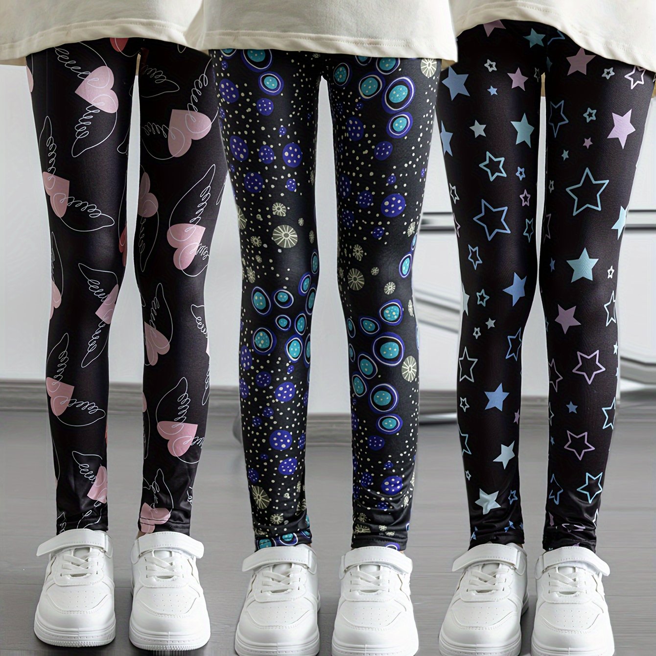Image of 3-pc Of Girls' Leggings, Pants, Print, Fashionable And Versatile For Wearing Outside, Slim Fit