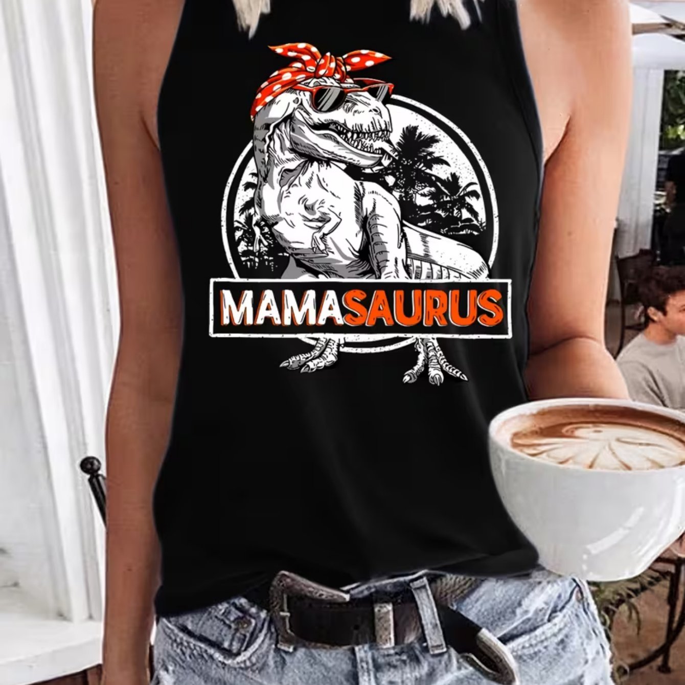 TEMU Vintage Dinosaur Print Sleeveless Halter Top - Mamasaurus Mommy Tank Vest, Distressed Circle Round Neck Wear Suitable For Park Outfits, Denim