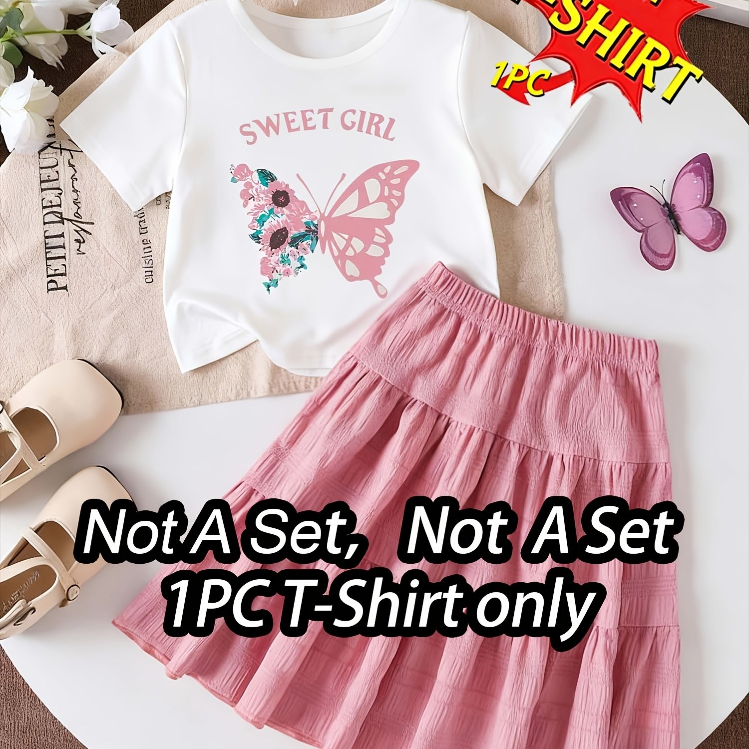 Image of Girls' Casual Print T-shirt | Comfortable Fabric With Pink And Alphabets Print, Not A Set, Not A Set, Ideal For Spring/summer Outdoor Wear