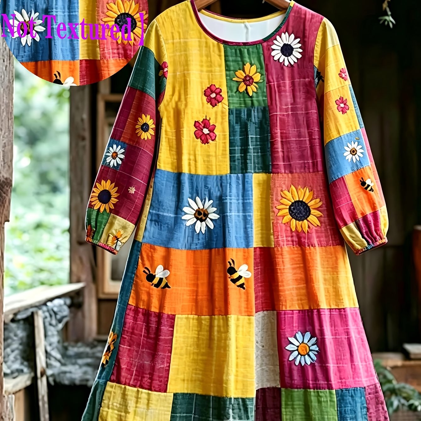 TEMU Plus Size, Plus Size Women's Vintage Sunflower & Dress - Elegant -line Dress With Round Neck, Long Sleeve Suitable For - Wear, Machine Washable