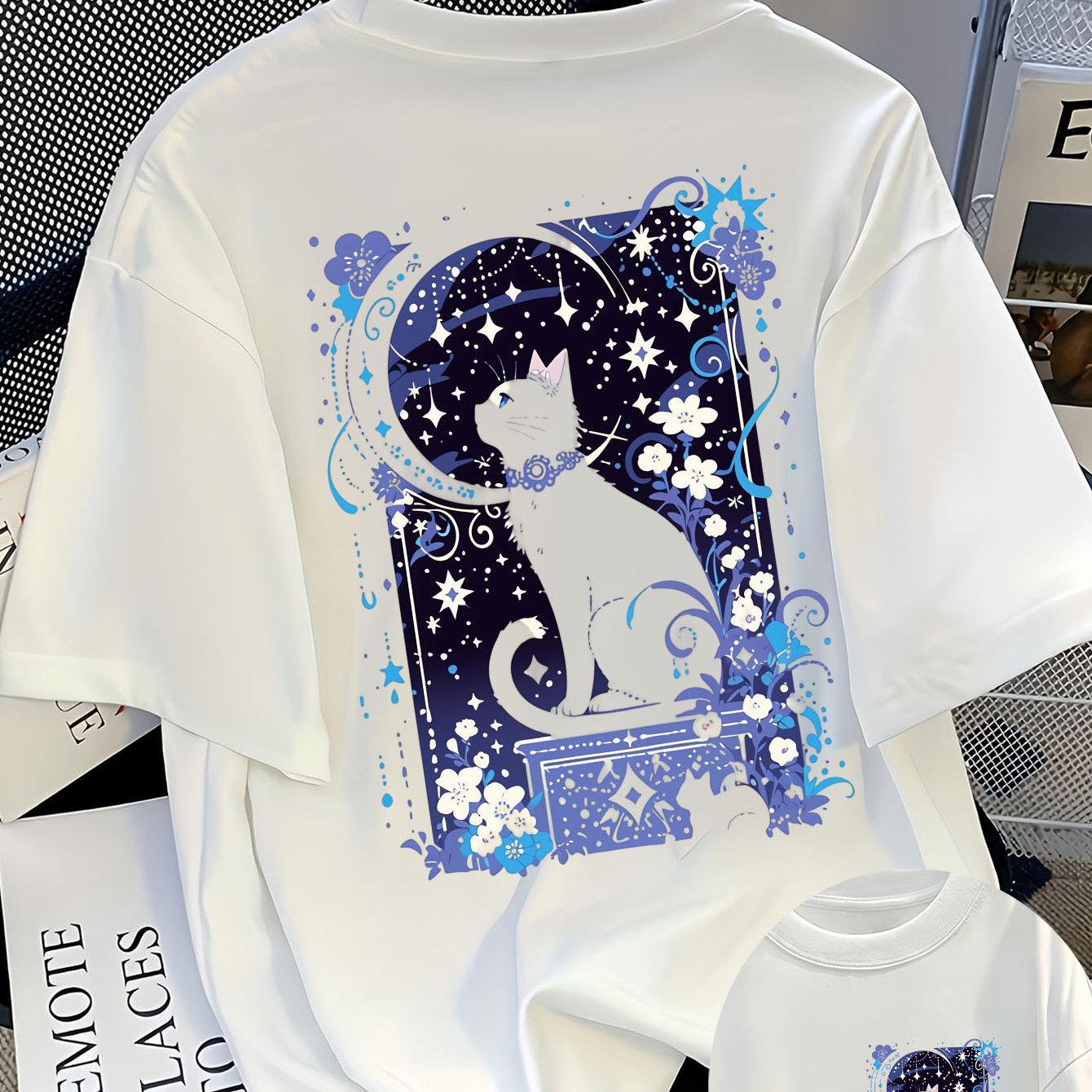 TEMU A Cat And Moon With Stars And Flowers Theme Design Pure T Shirt Women S T Shirt High Quality T Shirt Summer Casual Wear For Daily And Gifts For