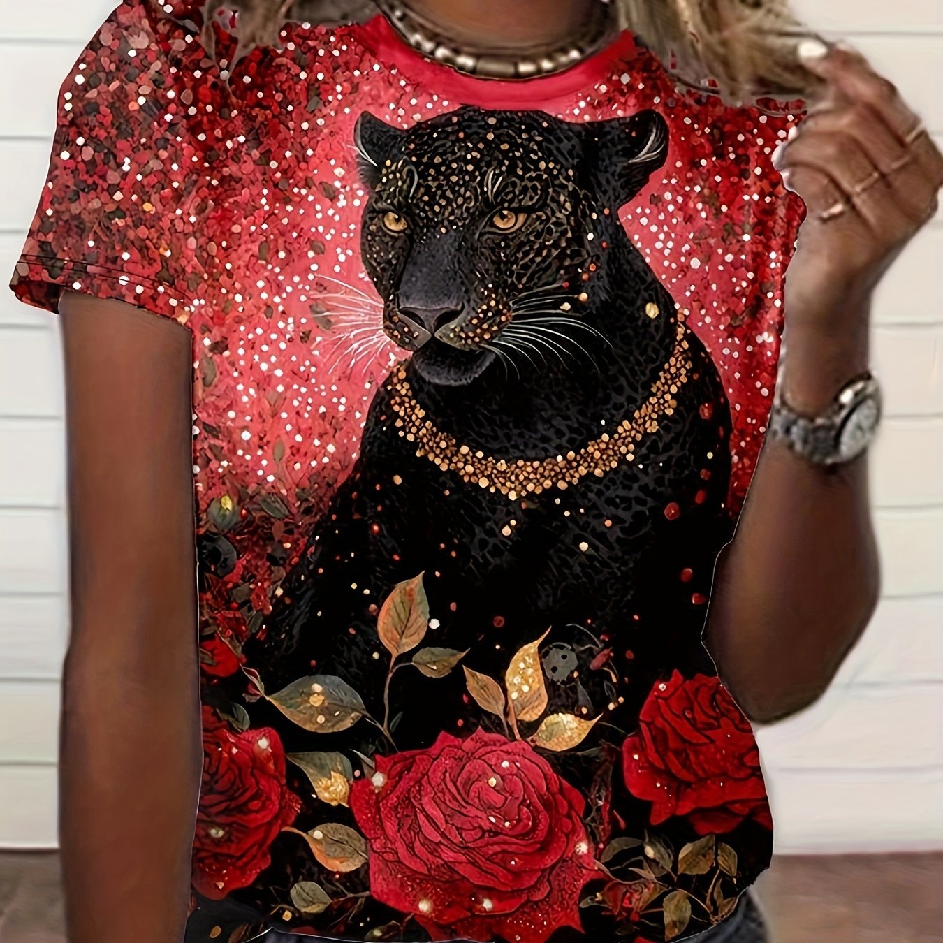Animal Leopard Floral Pattern Short Sleeve Round Neck Women's Casual T-shirt Top