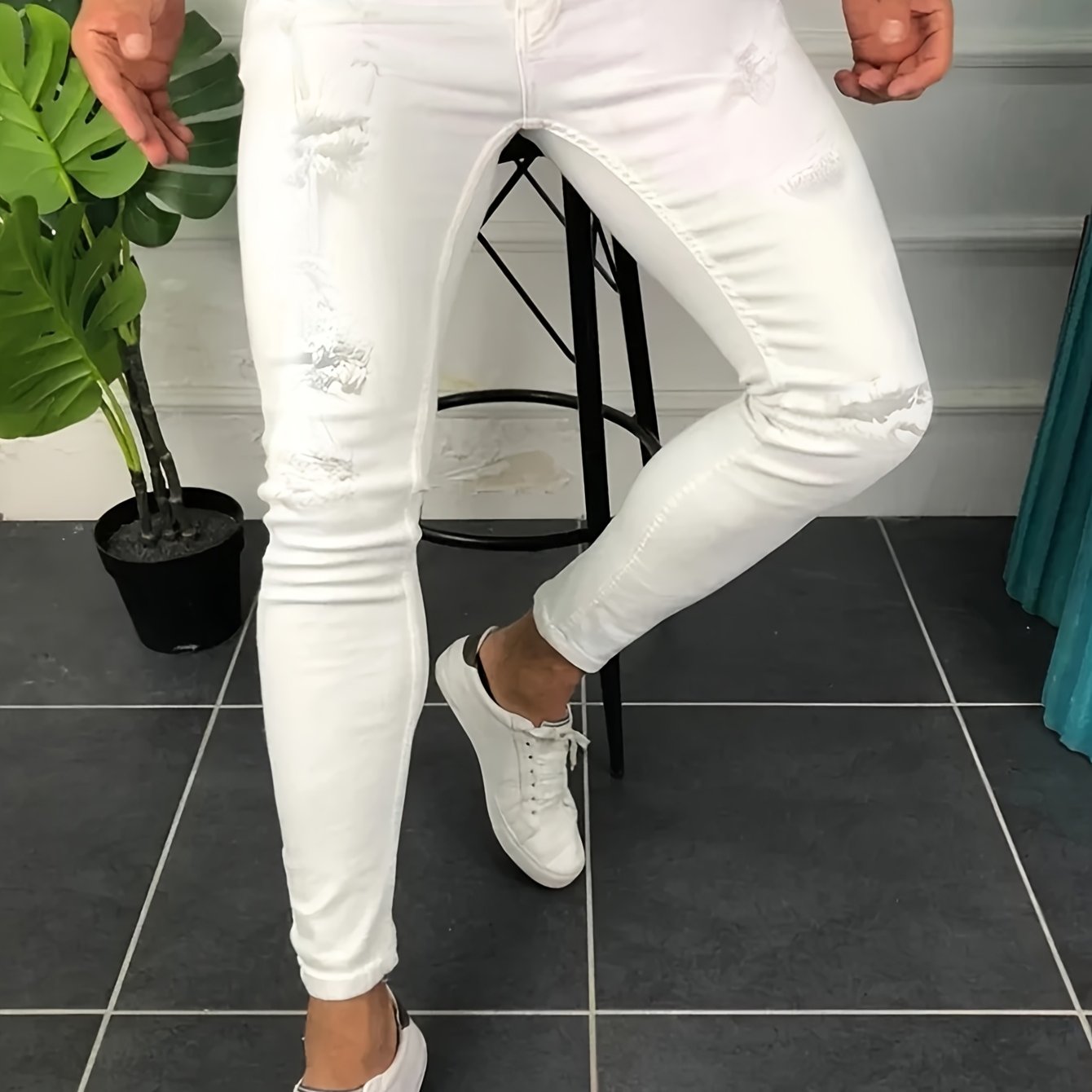 's Ripped Jeans Fashionable Solid Color Men's Skinny Stretch Jeans Long Trousers