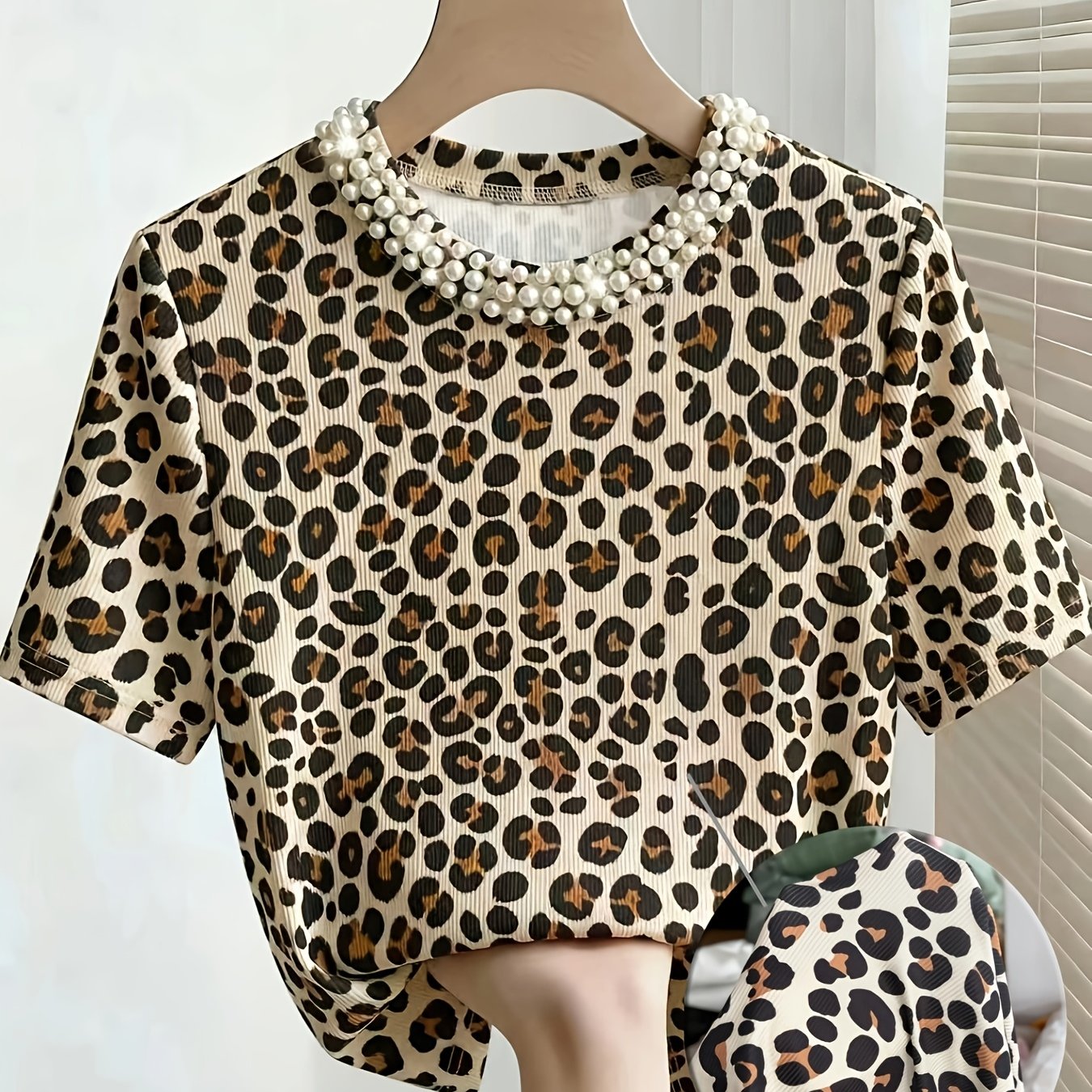 TEMU Vintage Leopard Print Pearl Round Neck Short Sleeve T-shirt Women's Vertical Stretch All-match Base Layer Top