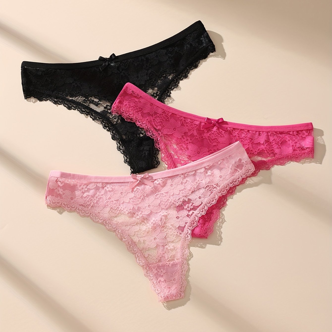 Image of 3pcs Bow Decor Lace Thong, Autumn And Winter Sexy Comfortable Soft Breathable Elastic Underwear, Women's Underwear Underwear