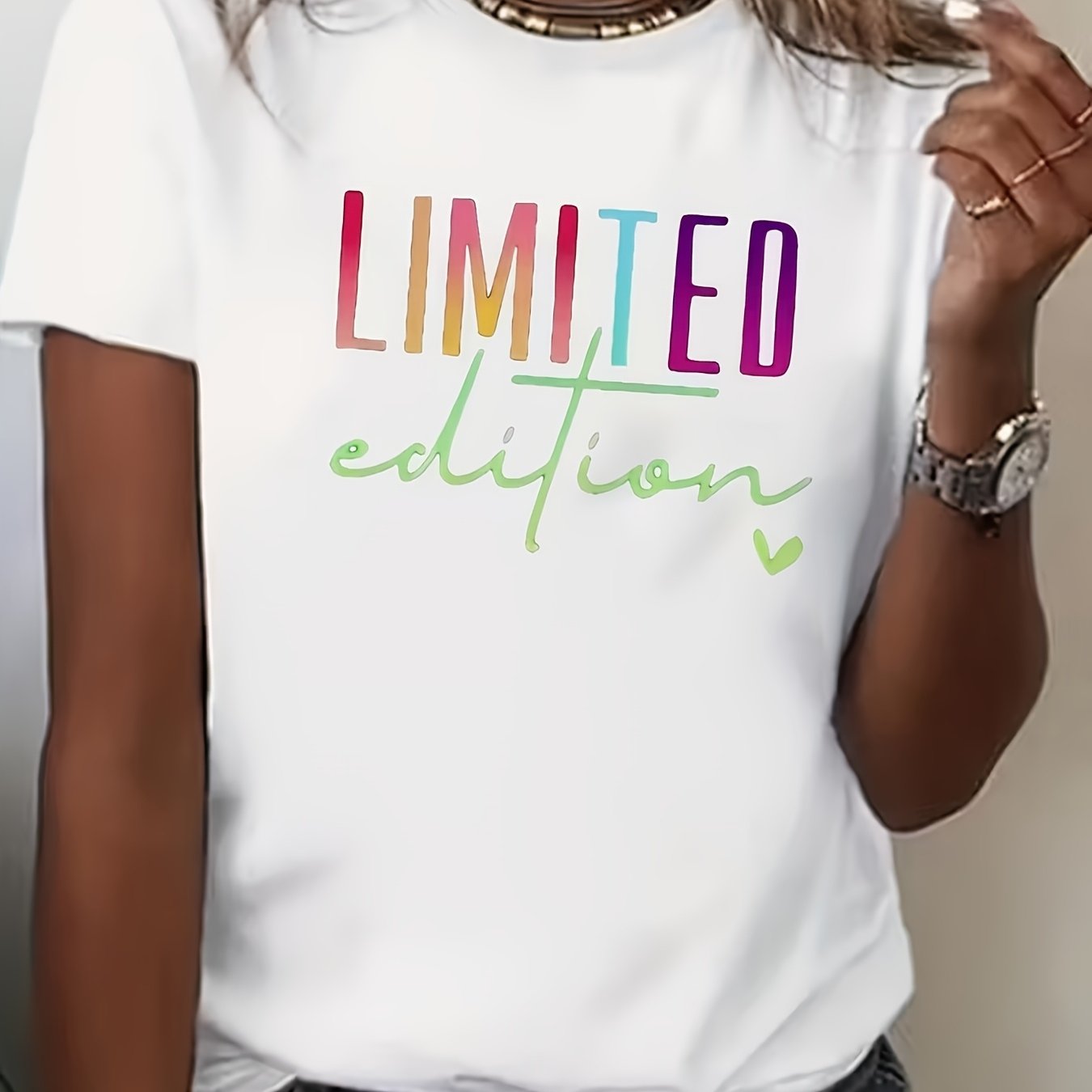 Edition Plus Size T-shirt With Rainbow Gradient Text | Bright Handwritten Style Featuring Heart Accents, Comfortable Regular Fit For Everyday Casual Use