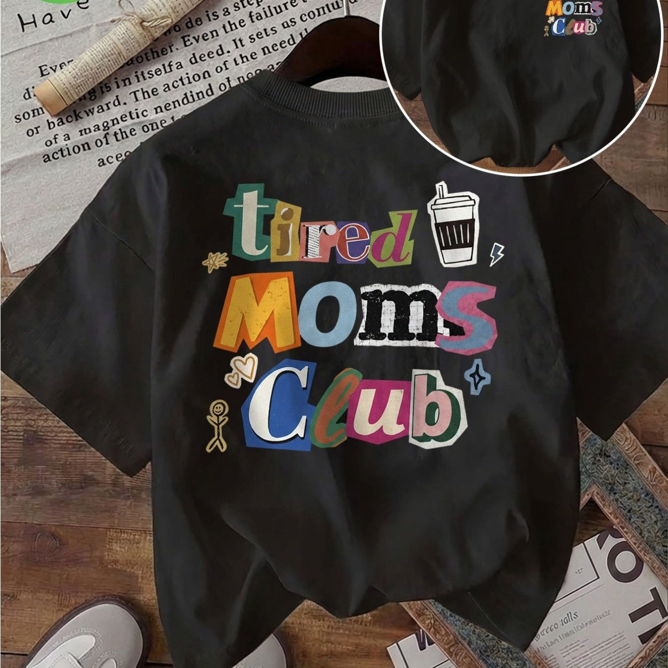 Image of Men's & Women's Vintage " " T-shirt - Double-sided Coffee Cup & Heart Print Short Sleeve Round Neck Top, Casual Suitable For Moms, Machine Washable Comfortable Casual Attire