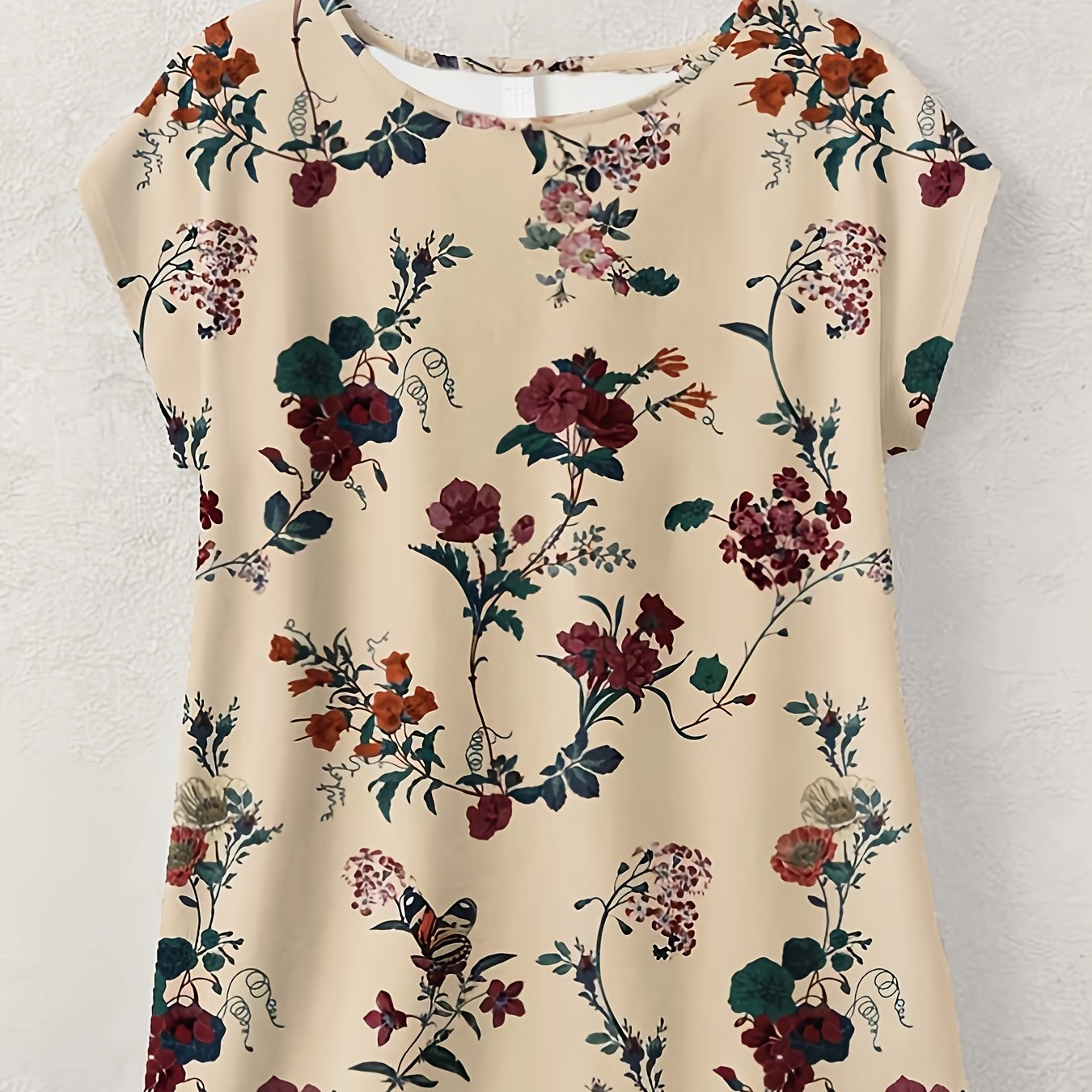 E-shop Bluse mit Blumenmuster für Damen - Beige & Rotes Blumenmuster, Rundhals Casual Alltagsbluse für Frauen, Ganzjahres-Outfits & Formelle Kleidung -